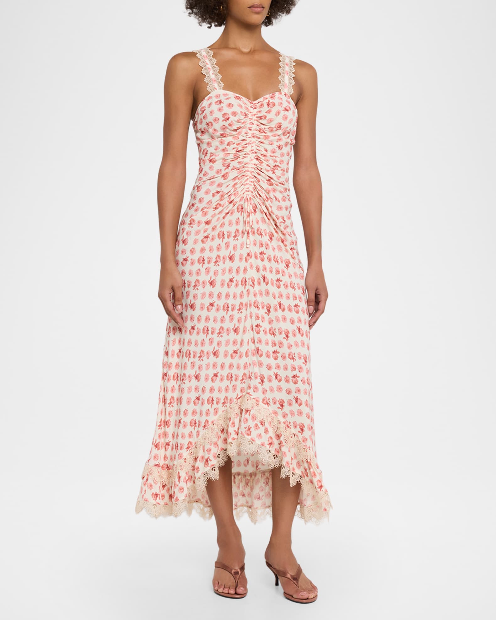 Cinq a Sept Stevie Ikat Roses Lace-Trim Midi Dress | Neiman Marcus