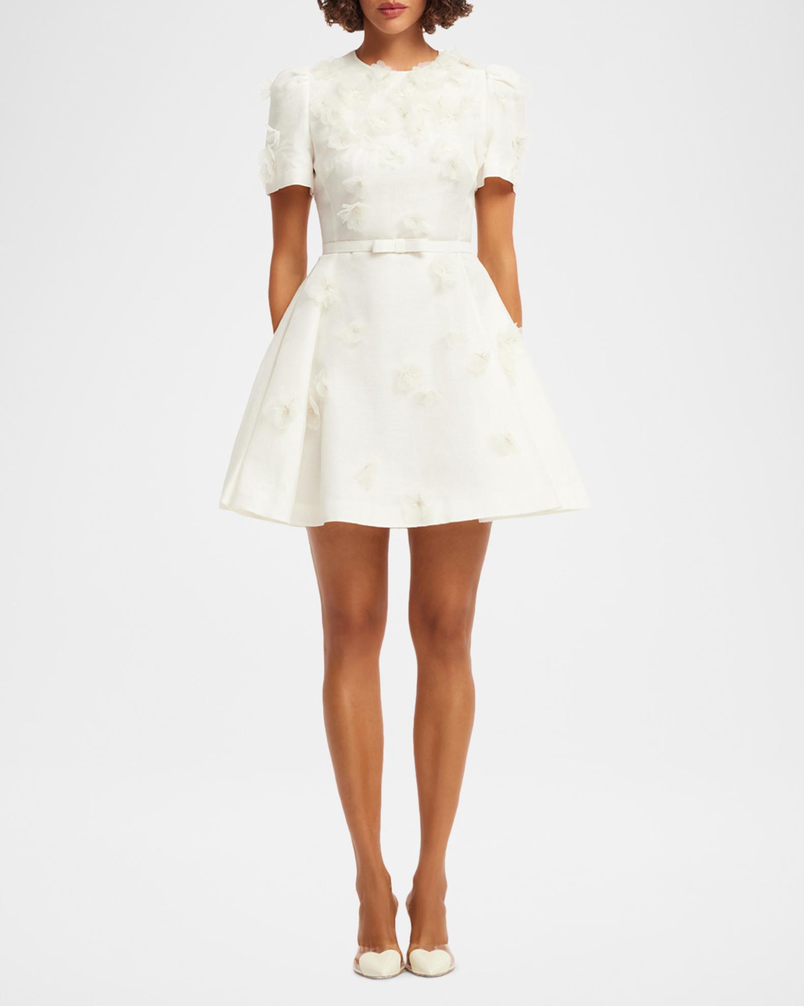 belted mini dress formal LEO LIN Elyse Petal Embroidered Dress, Snow, Women's, 14 Cocktail & Party Wedding Guest Dresses Mini Dresses Long sleeve