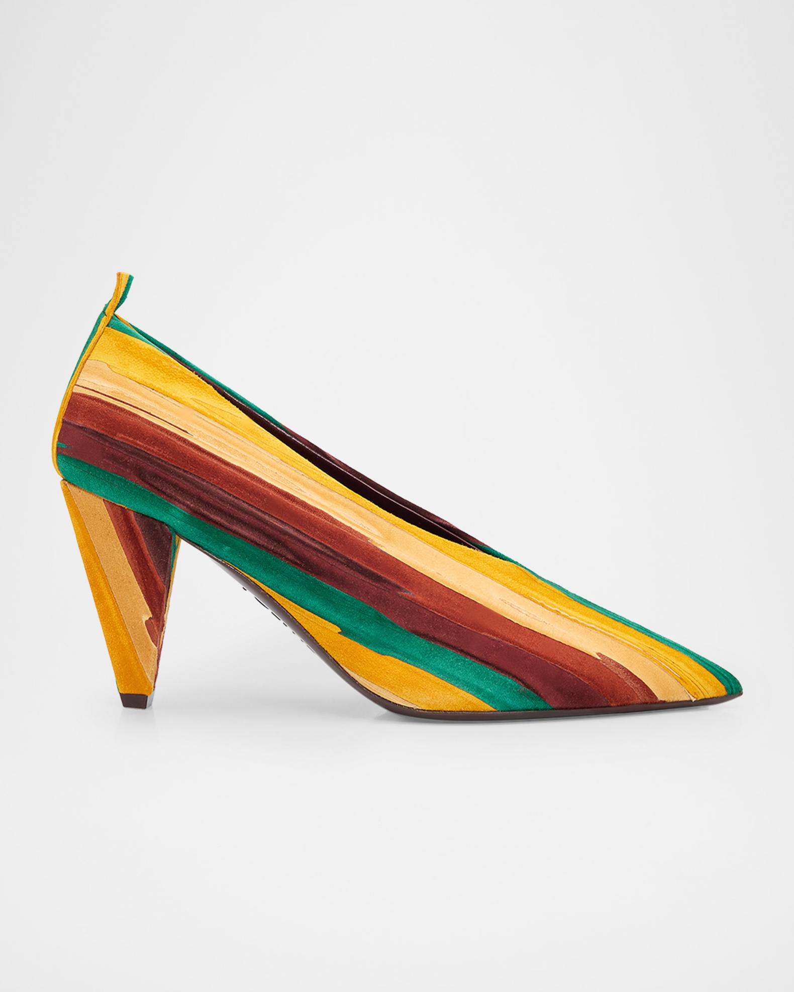 LOEWE 85mm Origami Cubic Striped Suede Pumps | Neiman Marcus