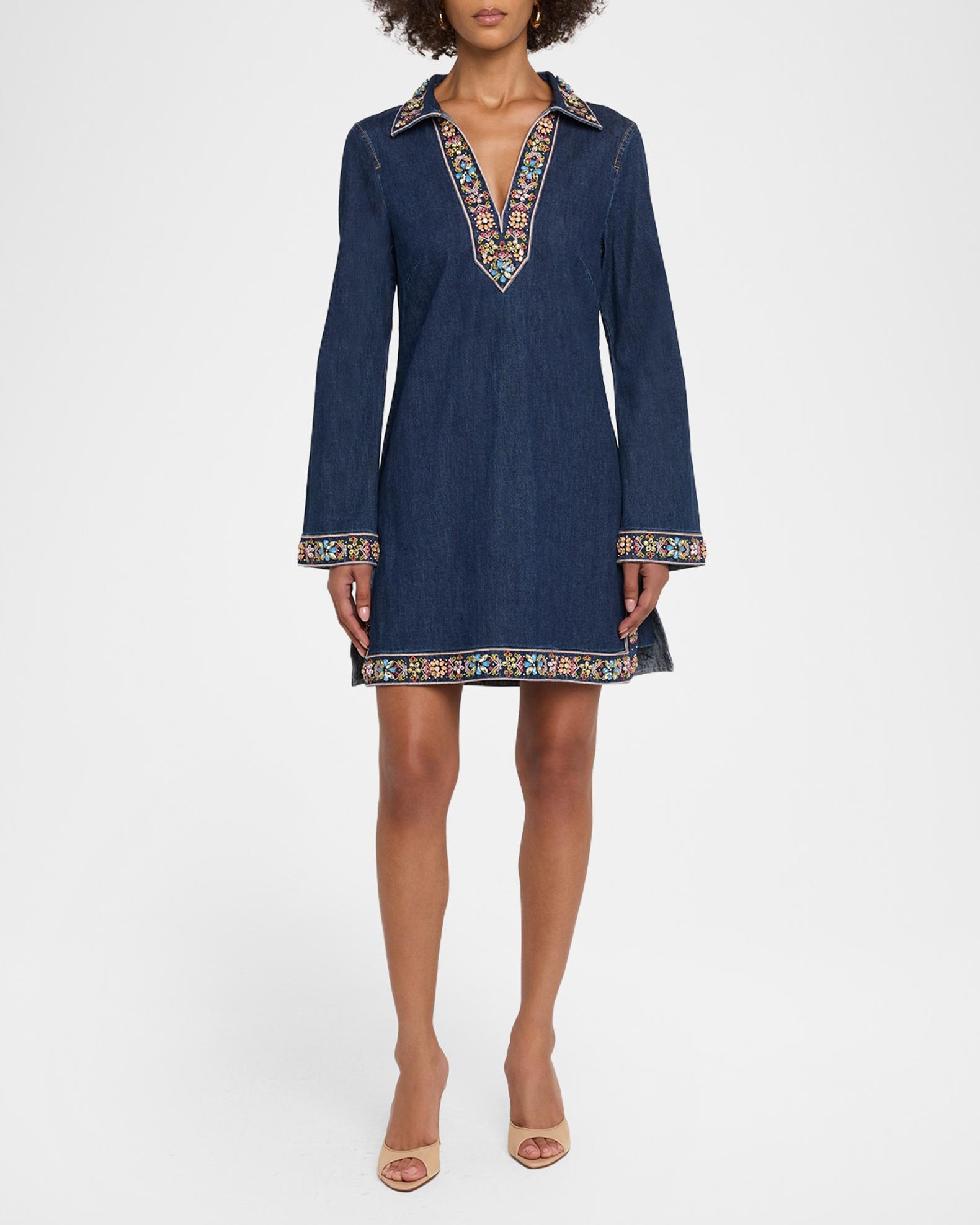 Cinq à Sept Pierson Embroidered Denim Mini Dress, Abyss, Women's, 8