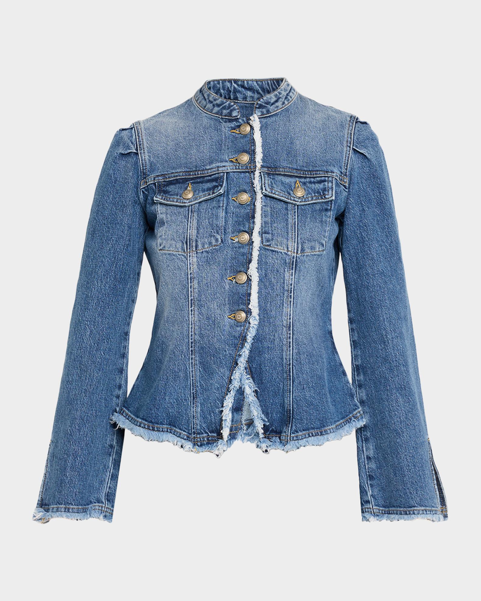 【新品タグ付】ARULLE v-collar denim jacket Cinq à Sept Avril Frayed Denim Jacket | Neiman Marcus