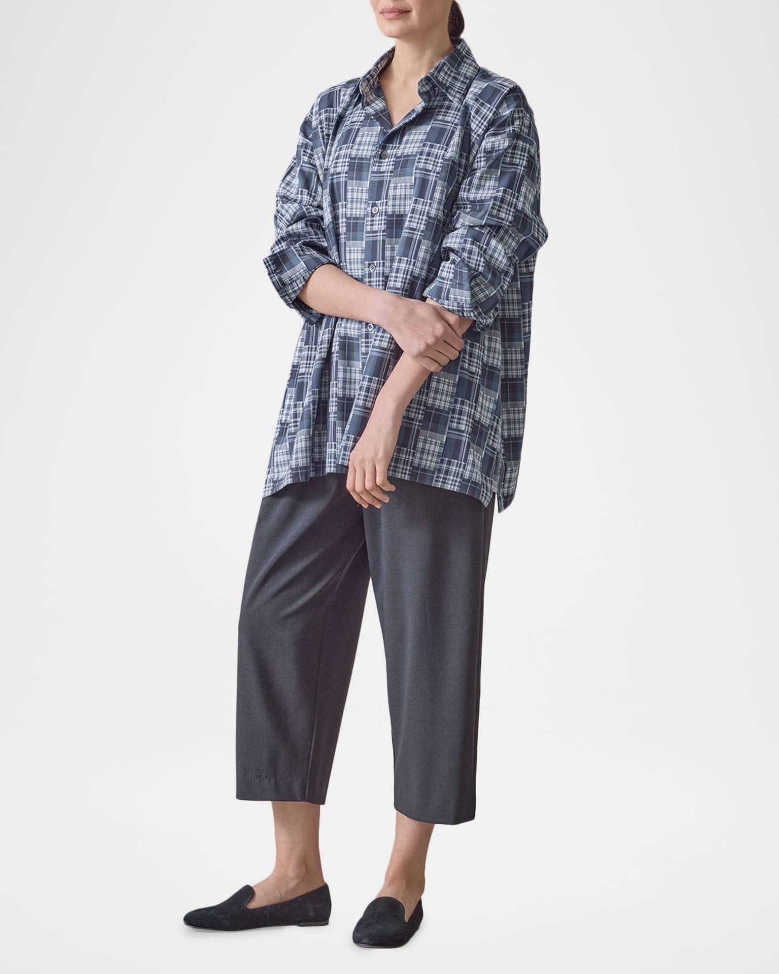 England製 eskandar cotton shirt Eskandar A-Line Patchwork Plaid Cotton Shirt | Neiman Marcus
