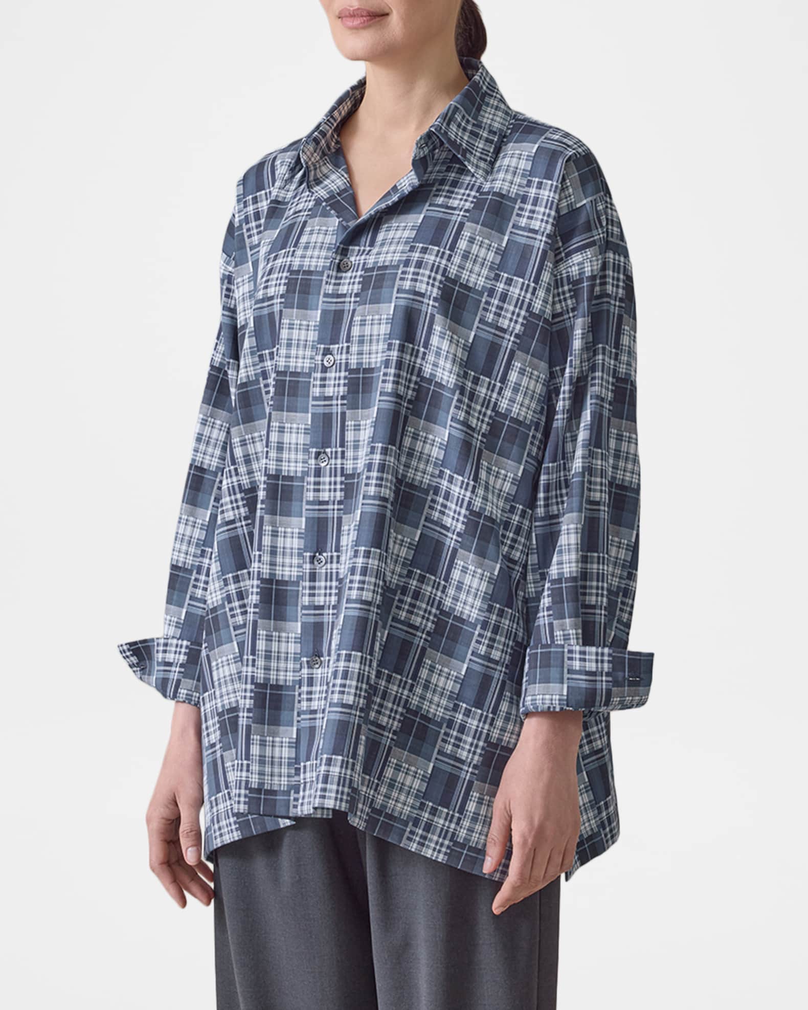 England製 eskandar cotton shirt Eskandar A-Line Patchwork Plaid Cotton Shirt | Neiman Marcus