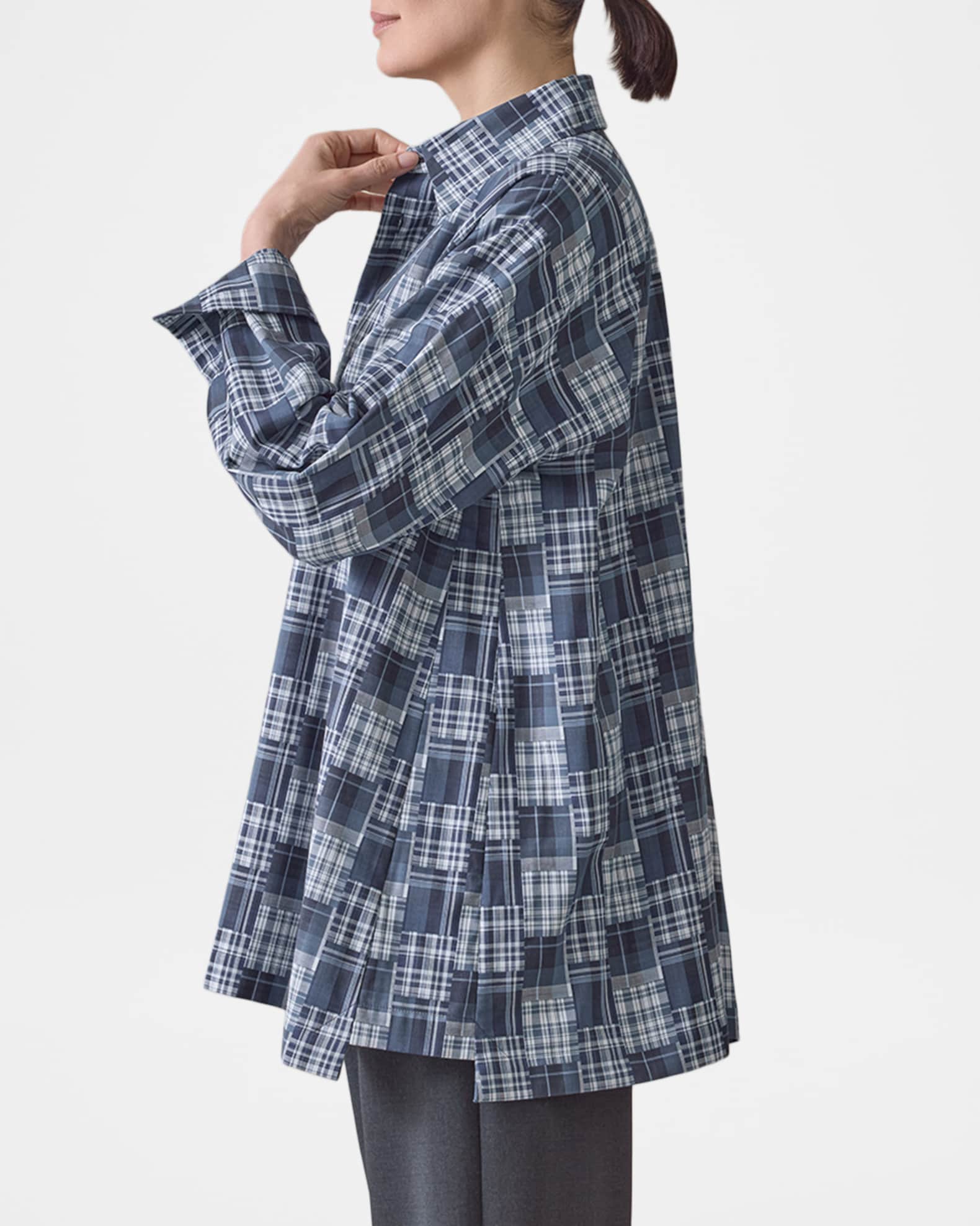 Eskandar A-Line Patchwork Plaid Cotton Shirt | Neiman Marcus