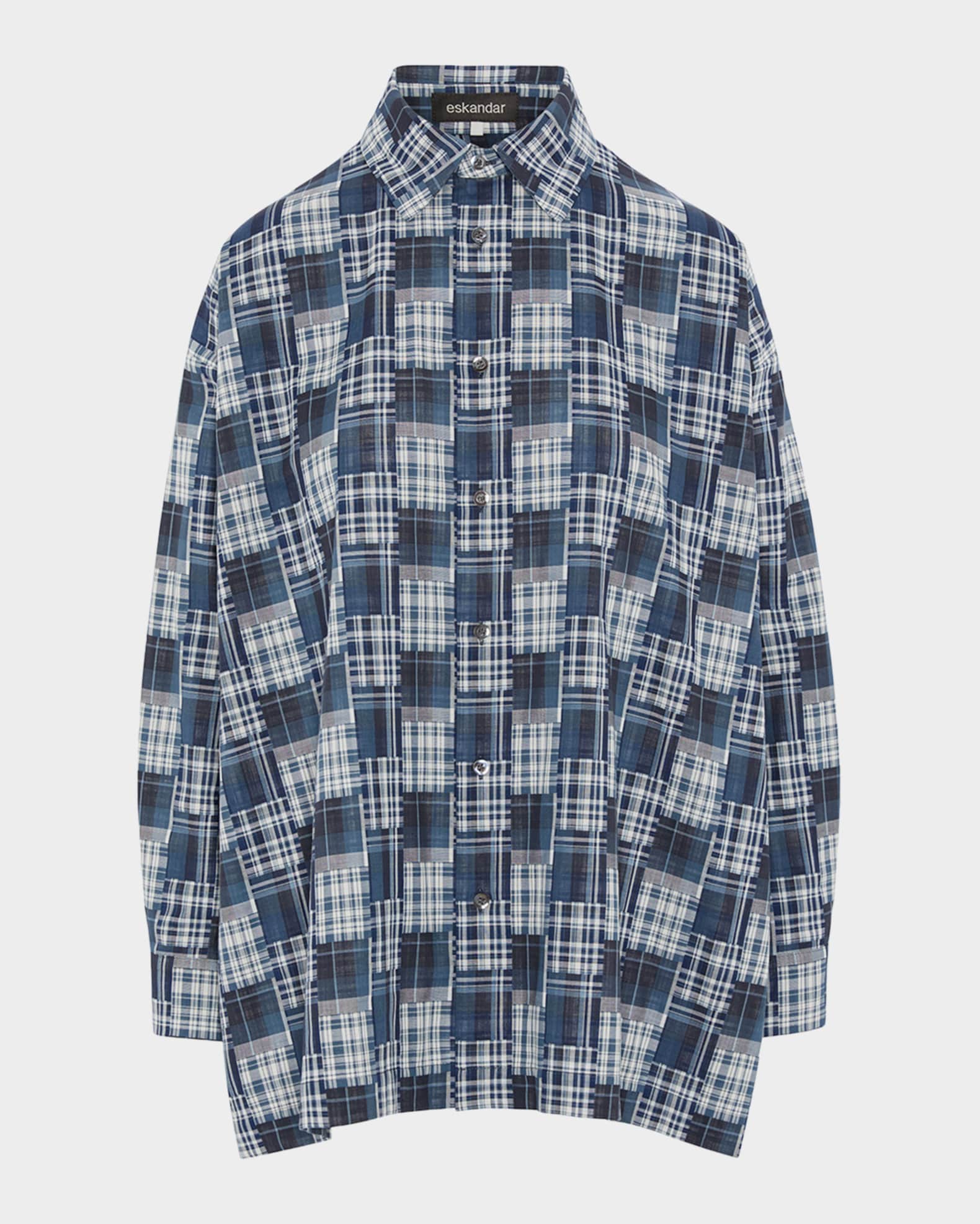 England製 eskandar cotton shirt Eskandar A-Line Patchwork Plaid Cotton Shirt | Neiman Marcus