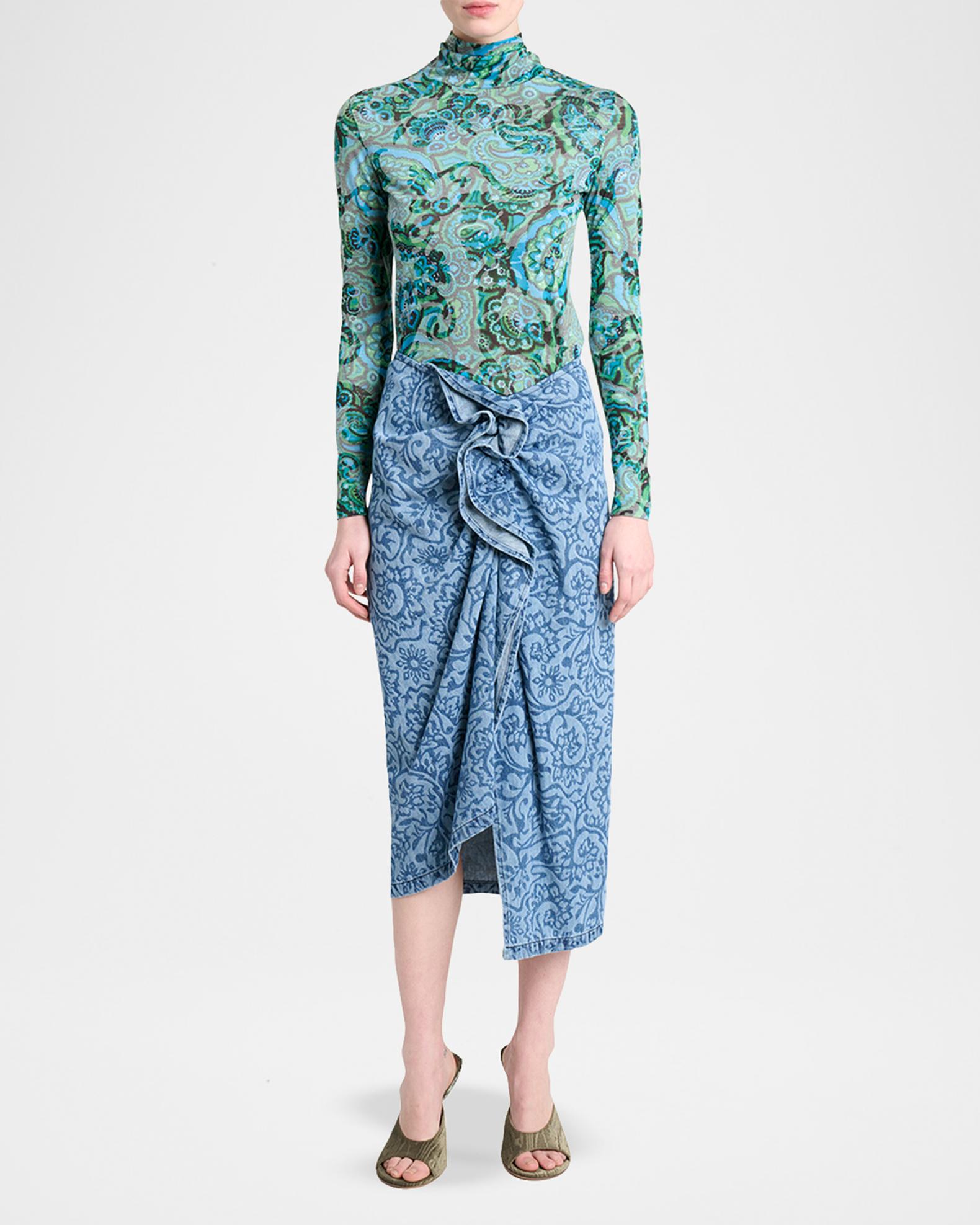 Dries Van Noten Sinas Floral Denim Ruffle Midi Skirt | Neiman Marcus