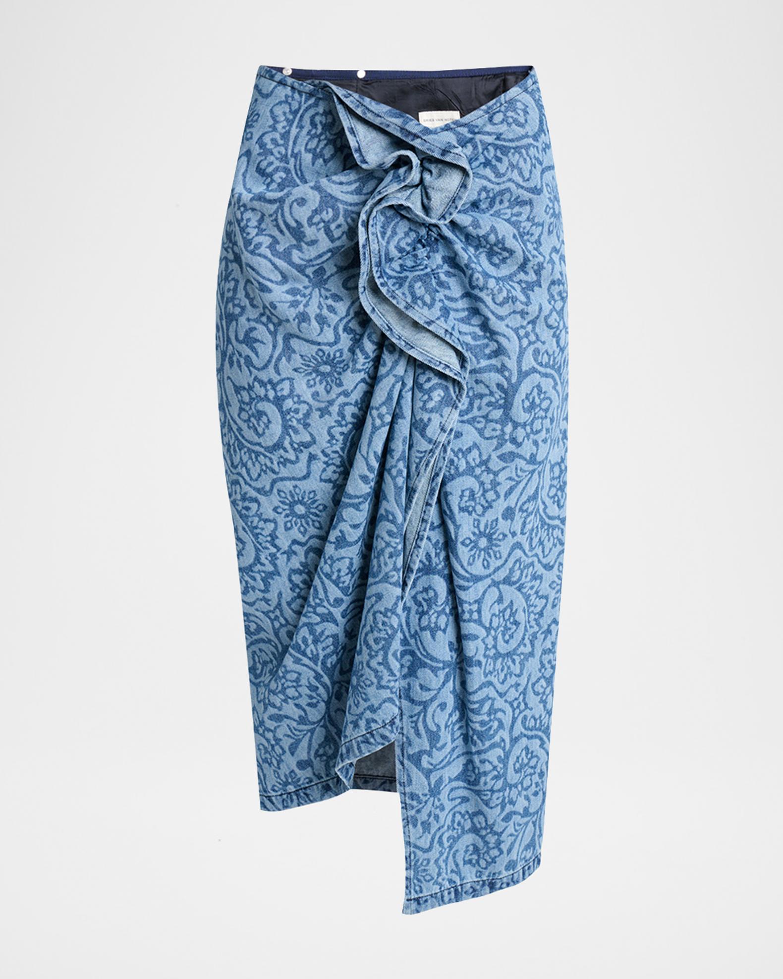 Dries Van Noten Sinas Floral Denim Ruffle Midi Skirt | Neiman Marcus