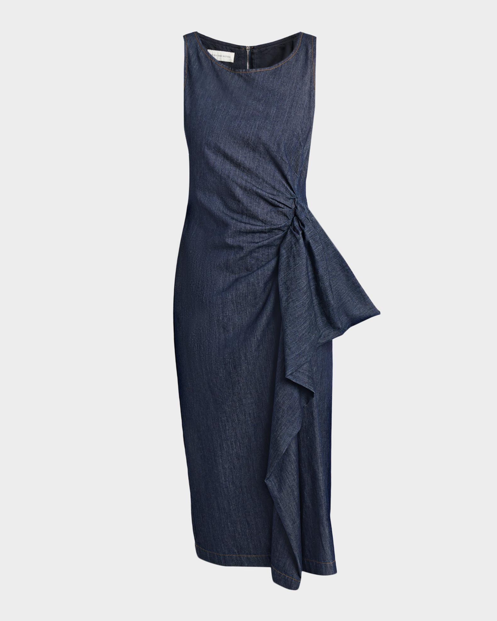 Dries Van Noten Dropps Denim Ruffle Sleeveless Midi Dress