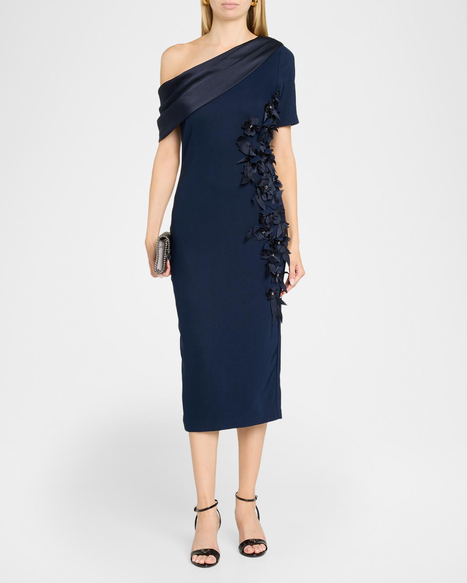 Badgley Mischka Draped One-Shoulder Cocktail Midi Dress, Blue, Women's, 12