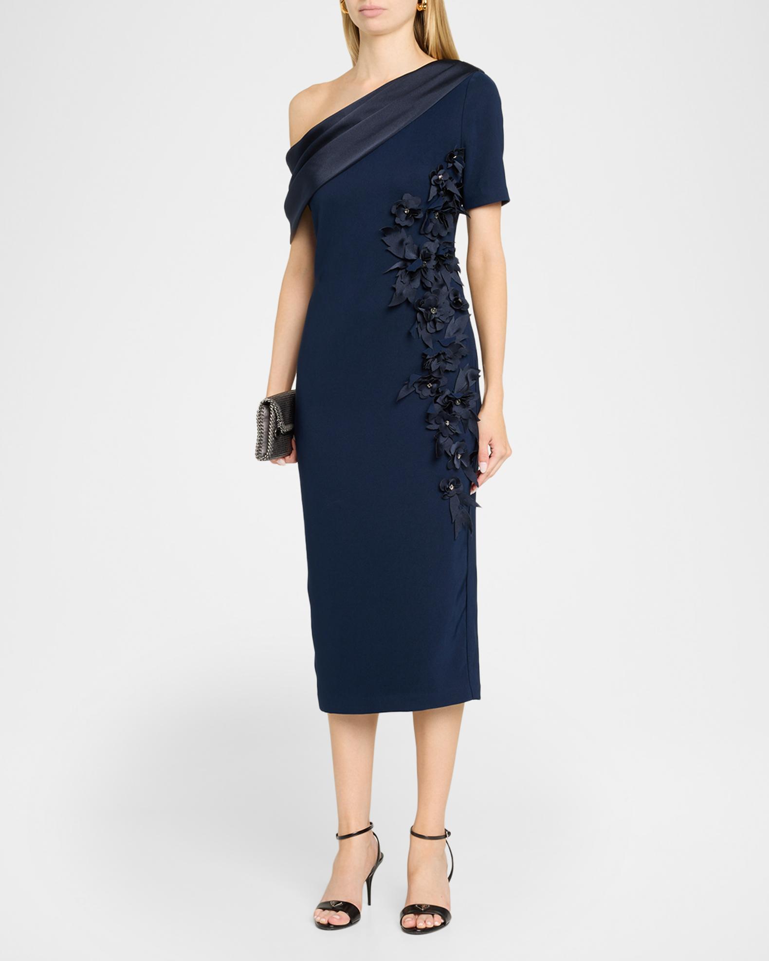 Badgley Mischka Draped One-Shoulder Cocktail Midi Dress | Neiman