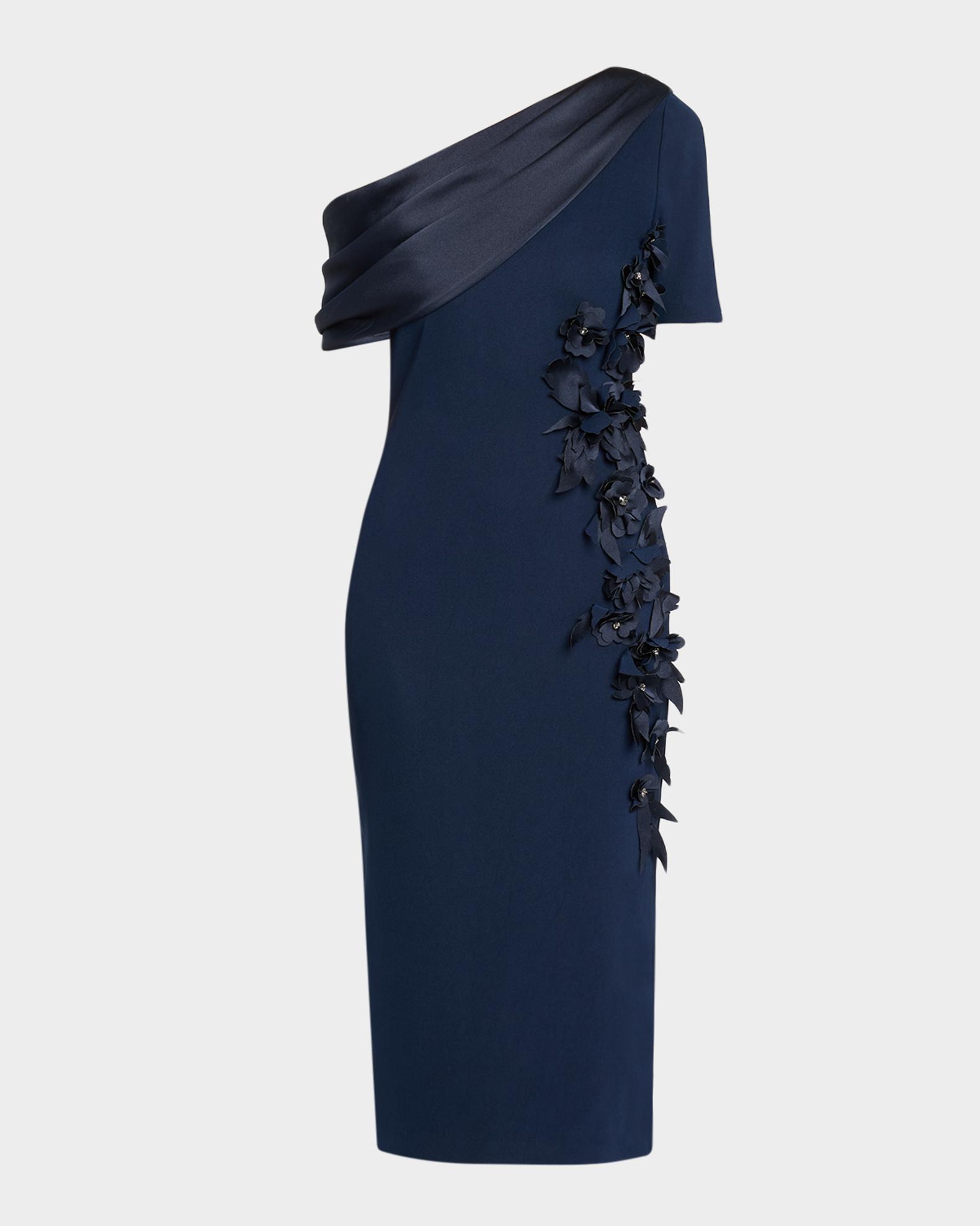 badgley mischka ワンピース Badgley Mischka Draped One-Shoulder Cocktail Midi Dress | Neiman