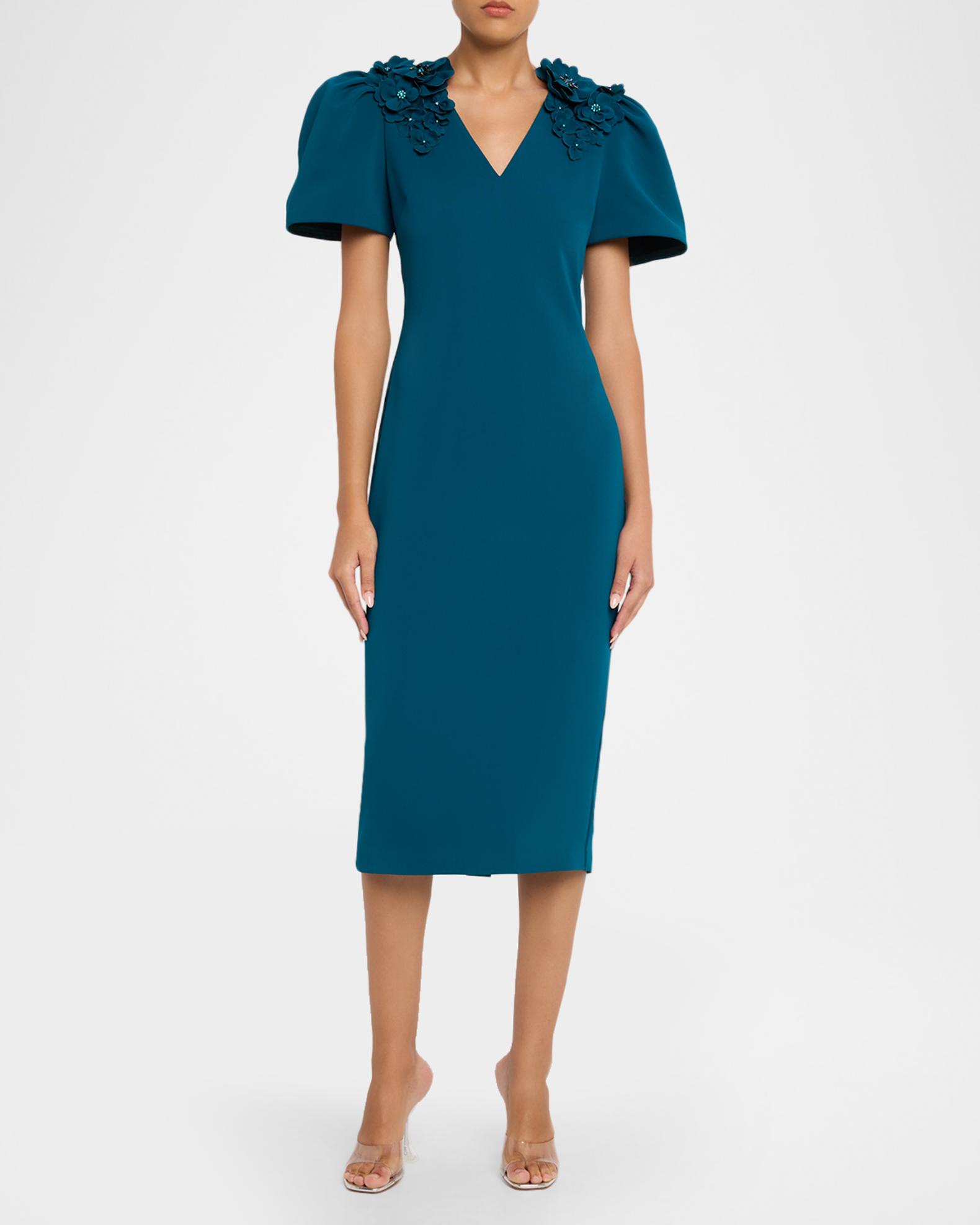 floral applique bodycon dress Badgley Mischka Midi Visual impact feels effortless LAUNCH W15-2026 Navy Sleeveless Chiffon A-Line Trouser Inseam:W32 L32