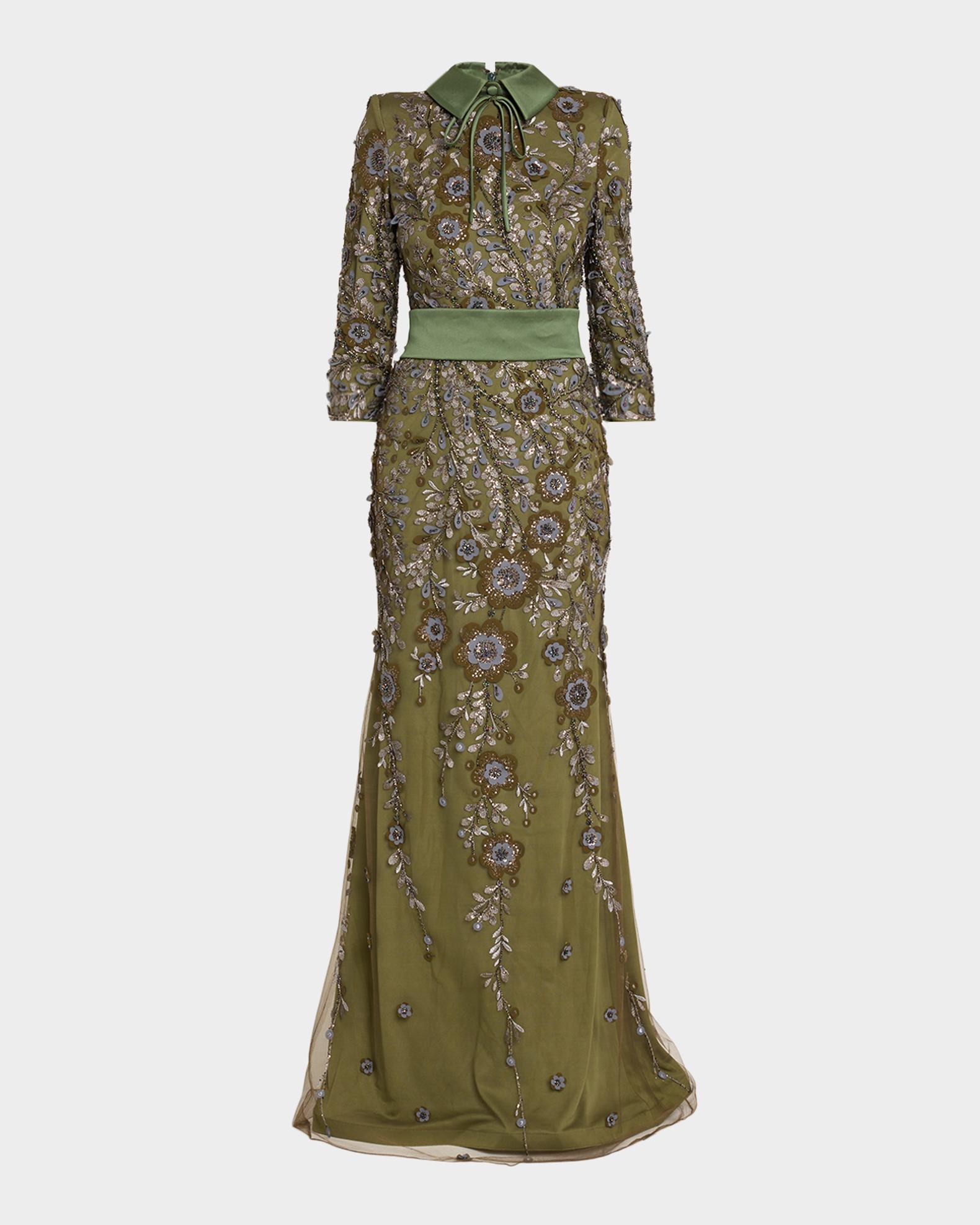 Badgley Mischka Embellished Sashed Shirtwaist Gown - Olive