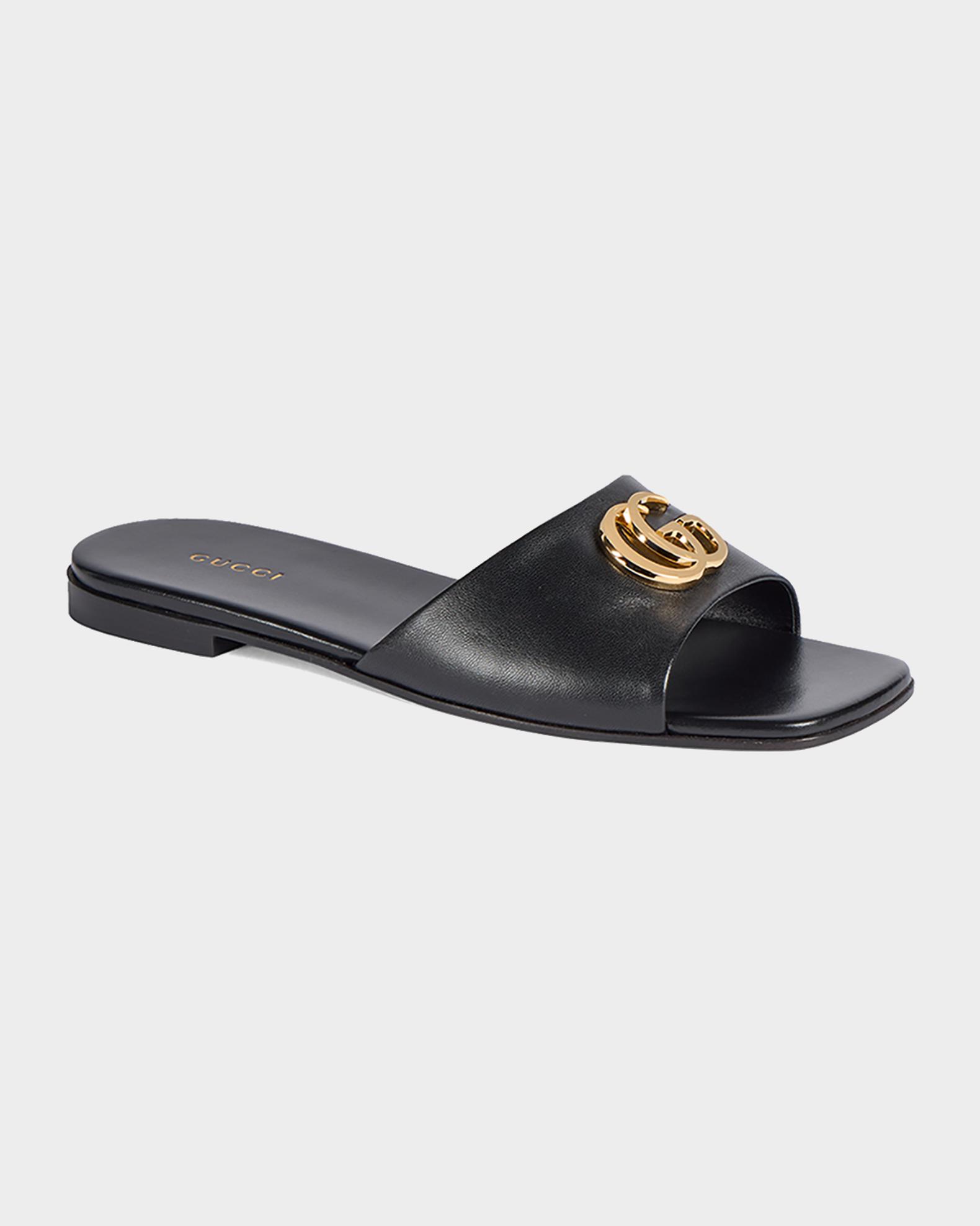 Authentic Gucci Black Slides with Gold Logo Medallion GUCCI Logo-embellished leather slides | NET-A-PORTER main image 2