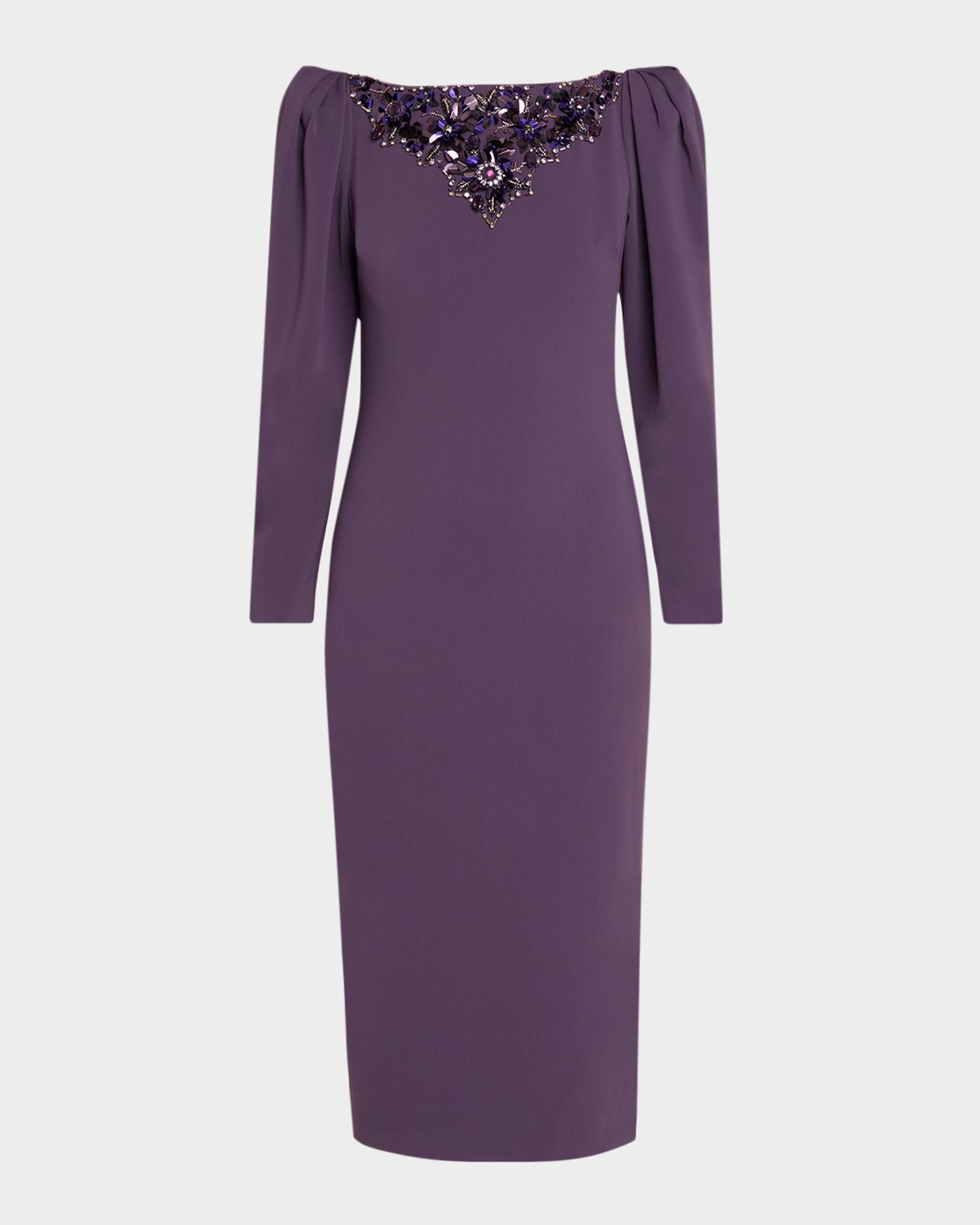 Badgley Mischka Beaded-Yoke Midi Sheath Dress | Neiman Marcus