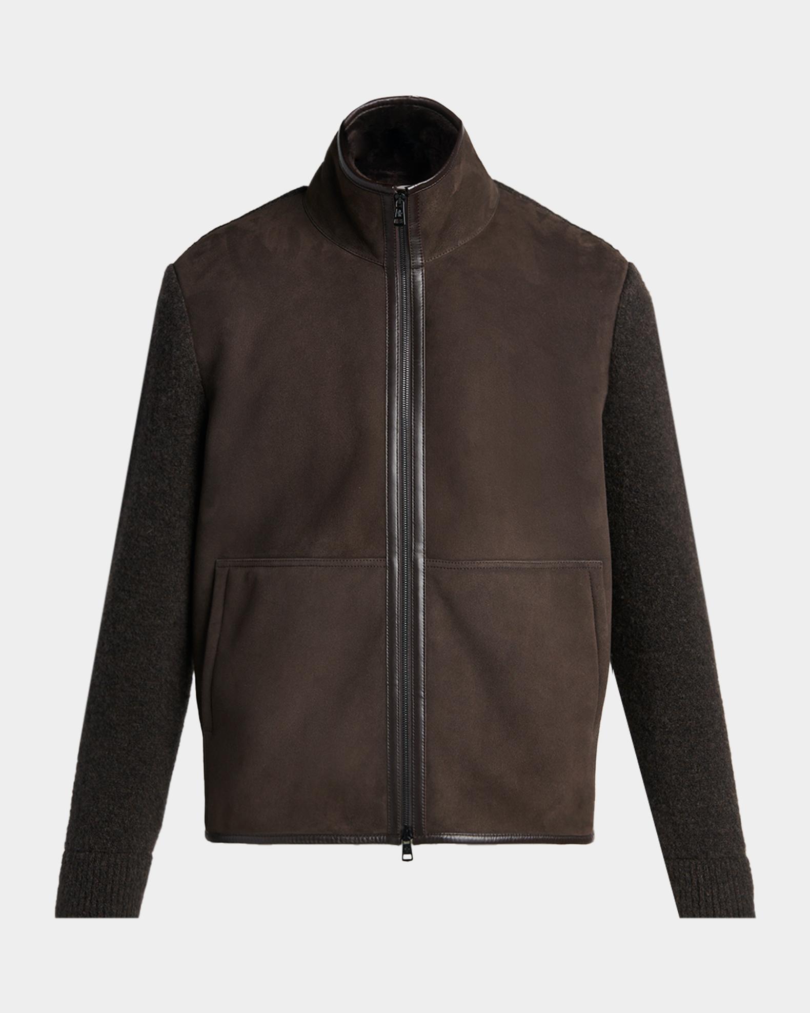 Moncler Men's Suede Hybrid Knit Shearling-Lined Jacket | Neiman Marcus