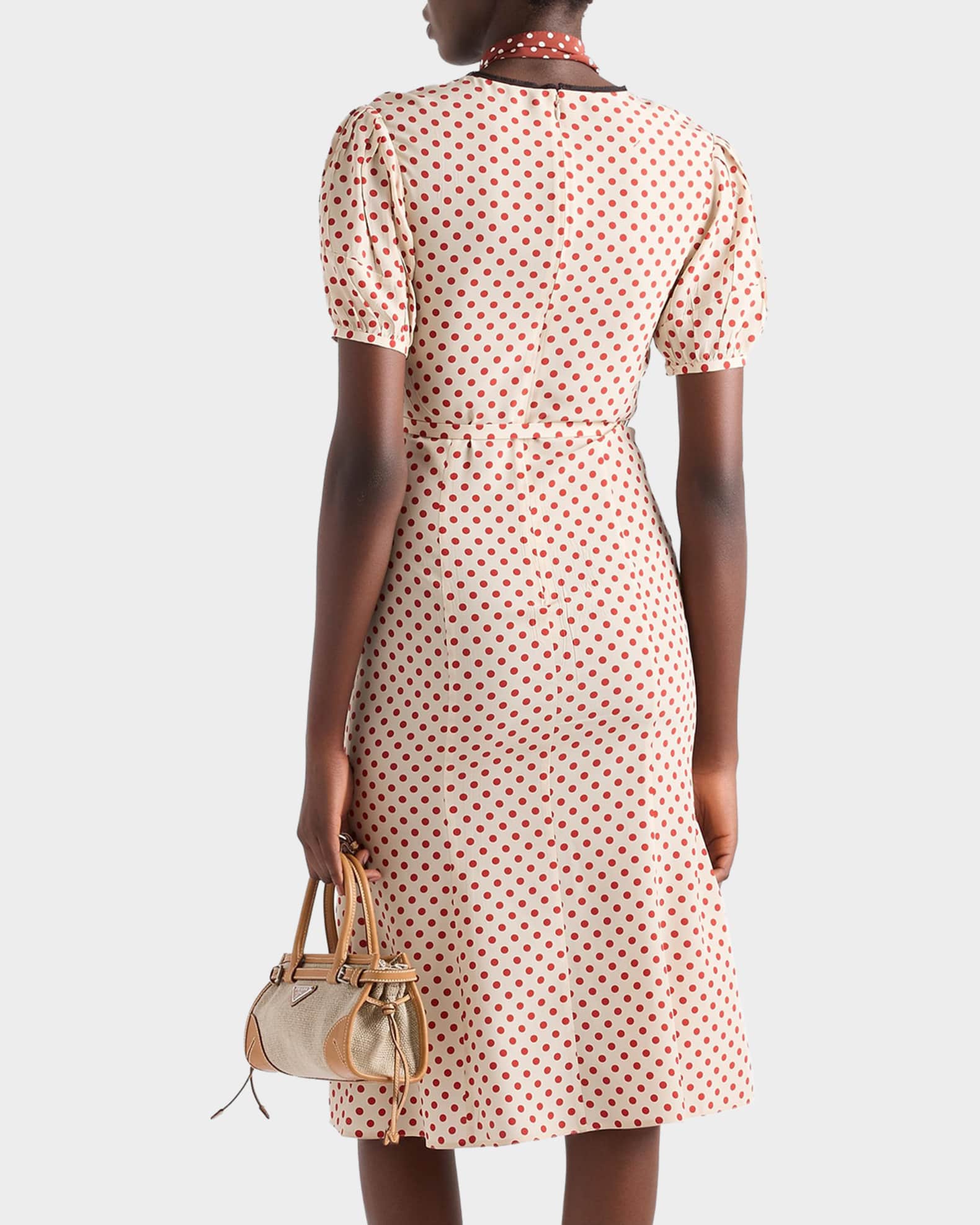 Prada Polka-Dot Marocain Midi Dress with Neck-Tie | Neiman Marcus