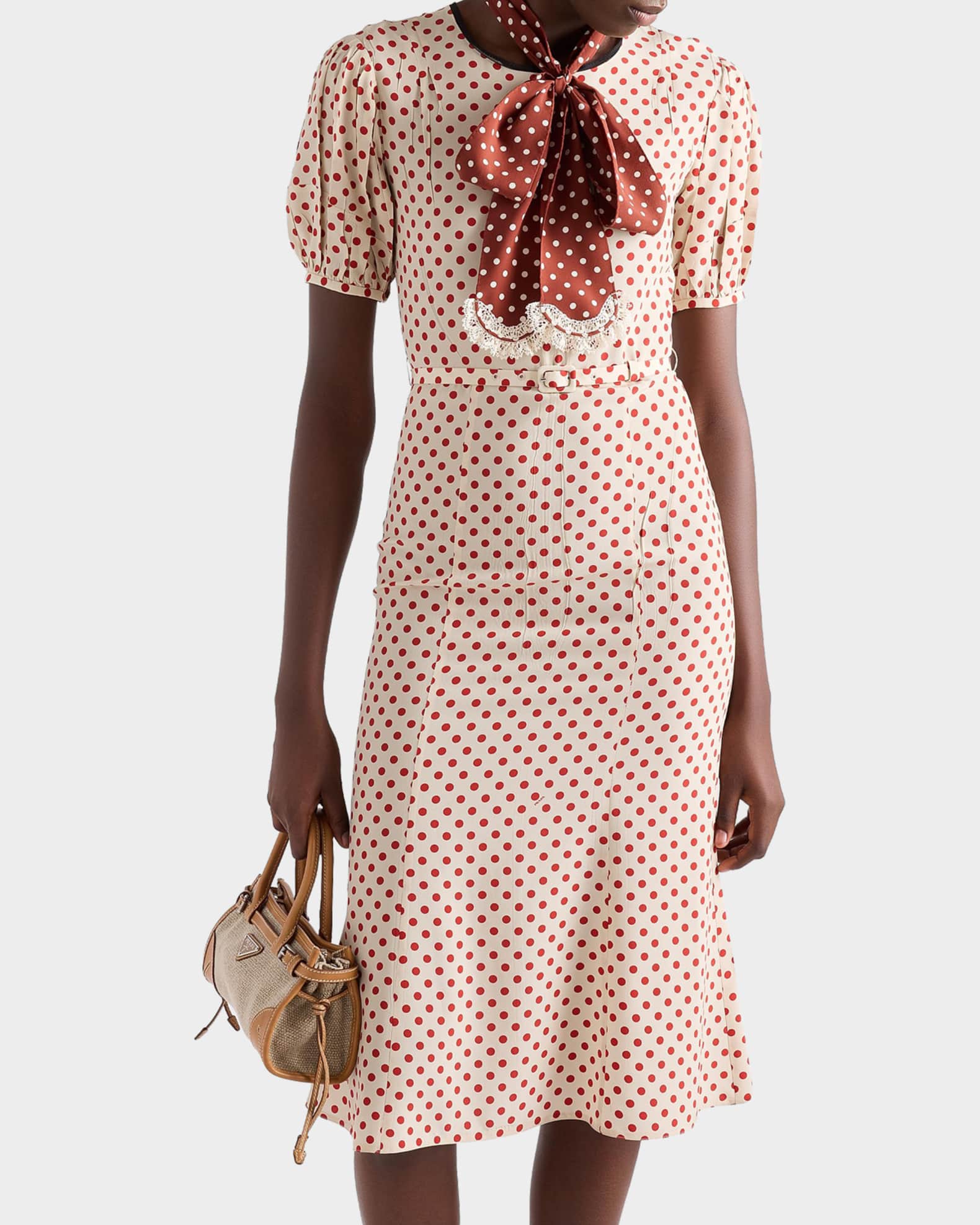 Prada Polka-Dot Marocain Midi Dress with Neck-Tie | Neiman Marcus