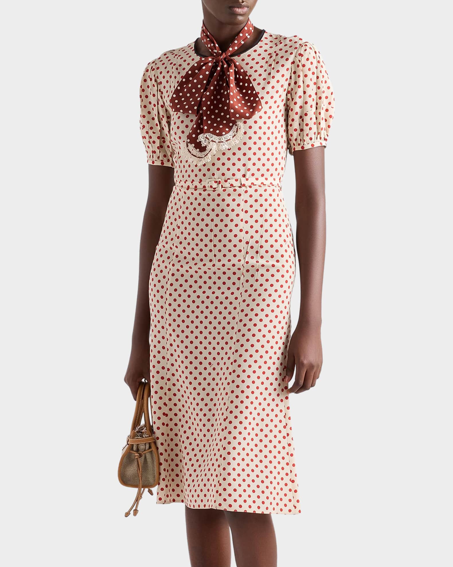 Prada Polka-Dot Marocain Midi Dress with Neck-Tie | Neiman Marcus