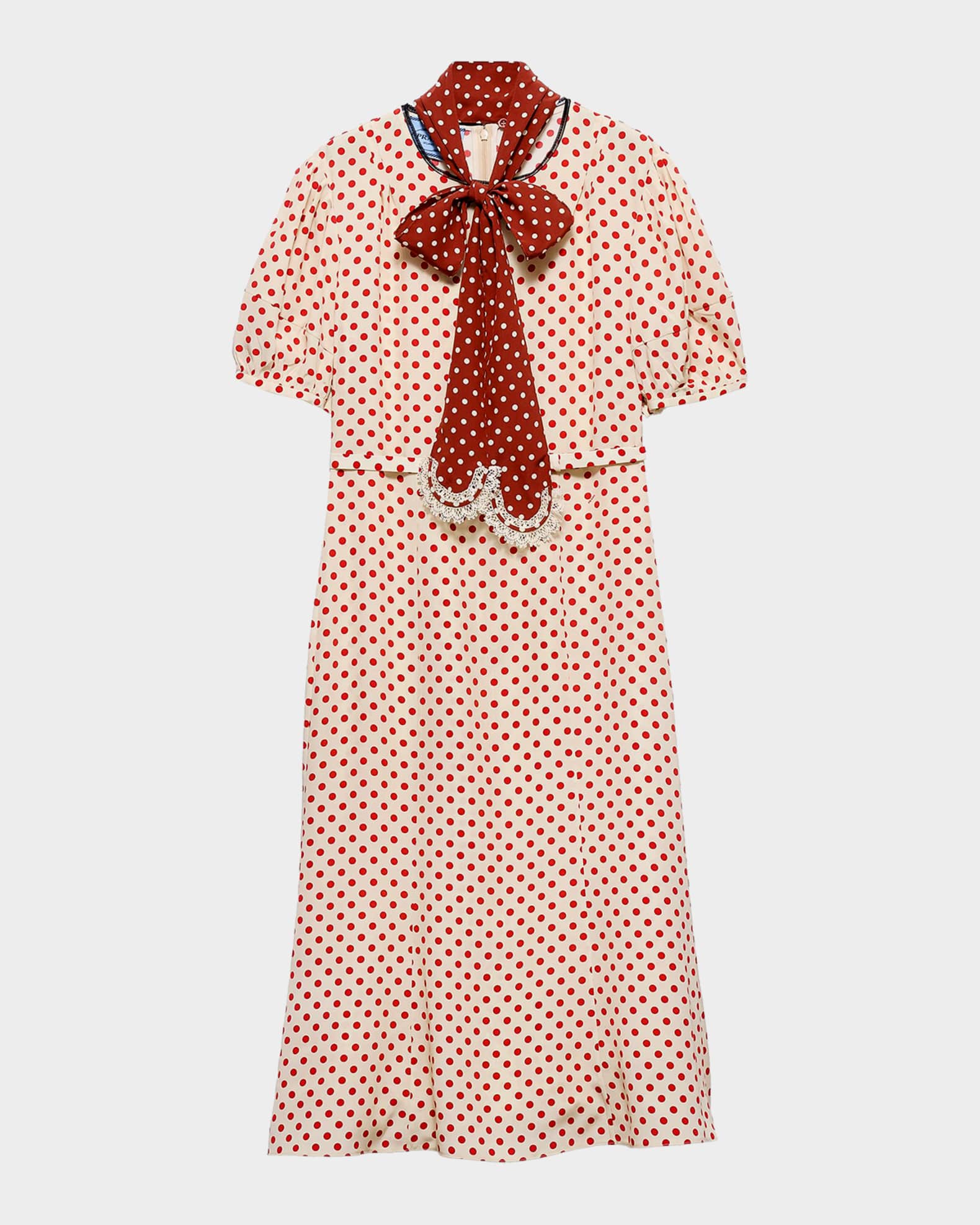 Prada Polka-Dot Marocain Midi Dress with Neck-Tie | Neiman Marcus