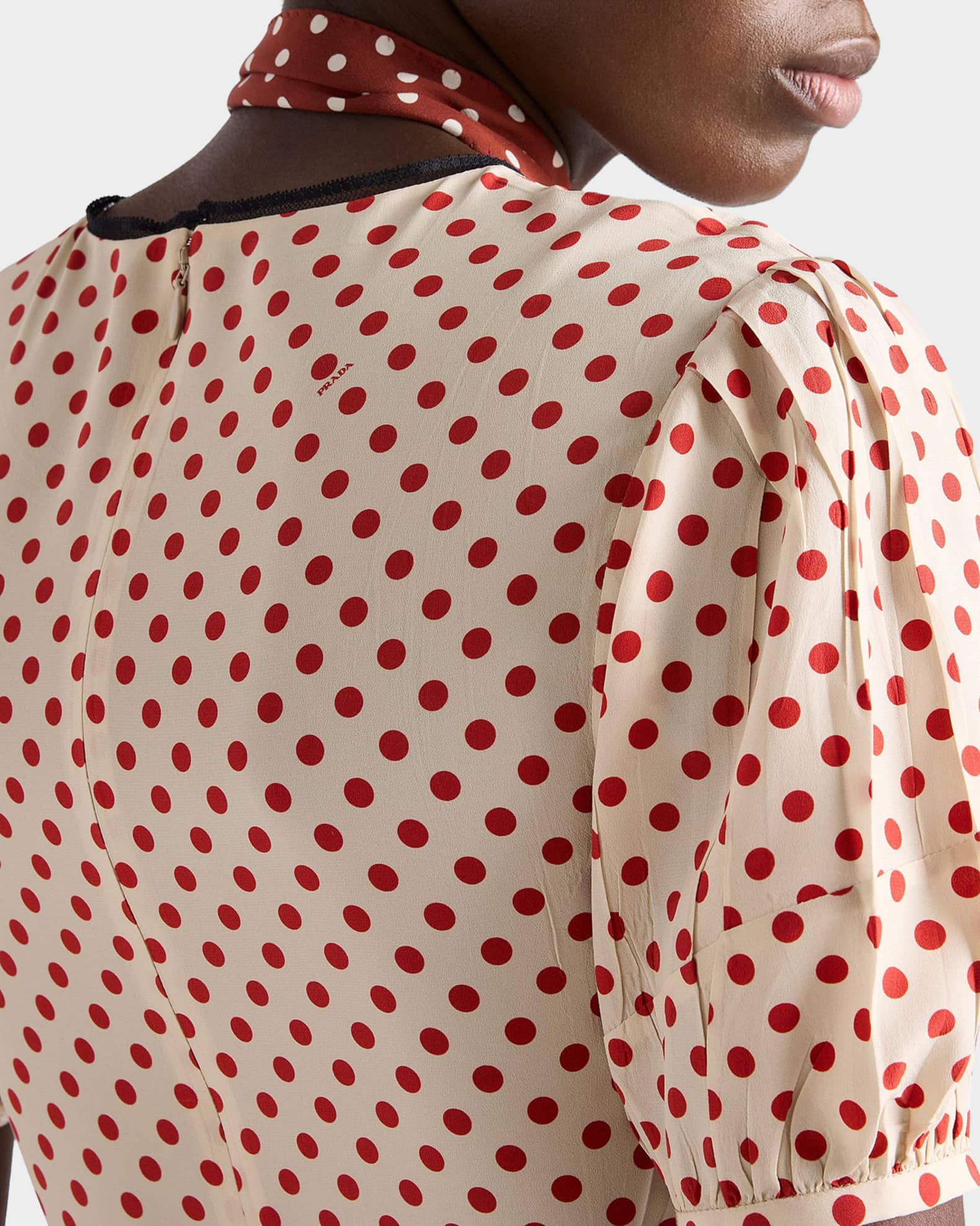Prada Polka-Dot Marocain Midi Dress with Neck-Tie | Neiman Marcus