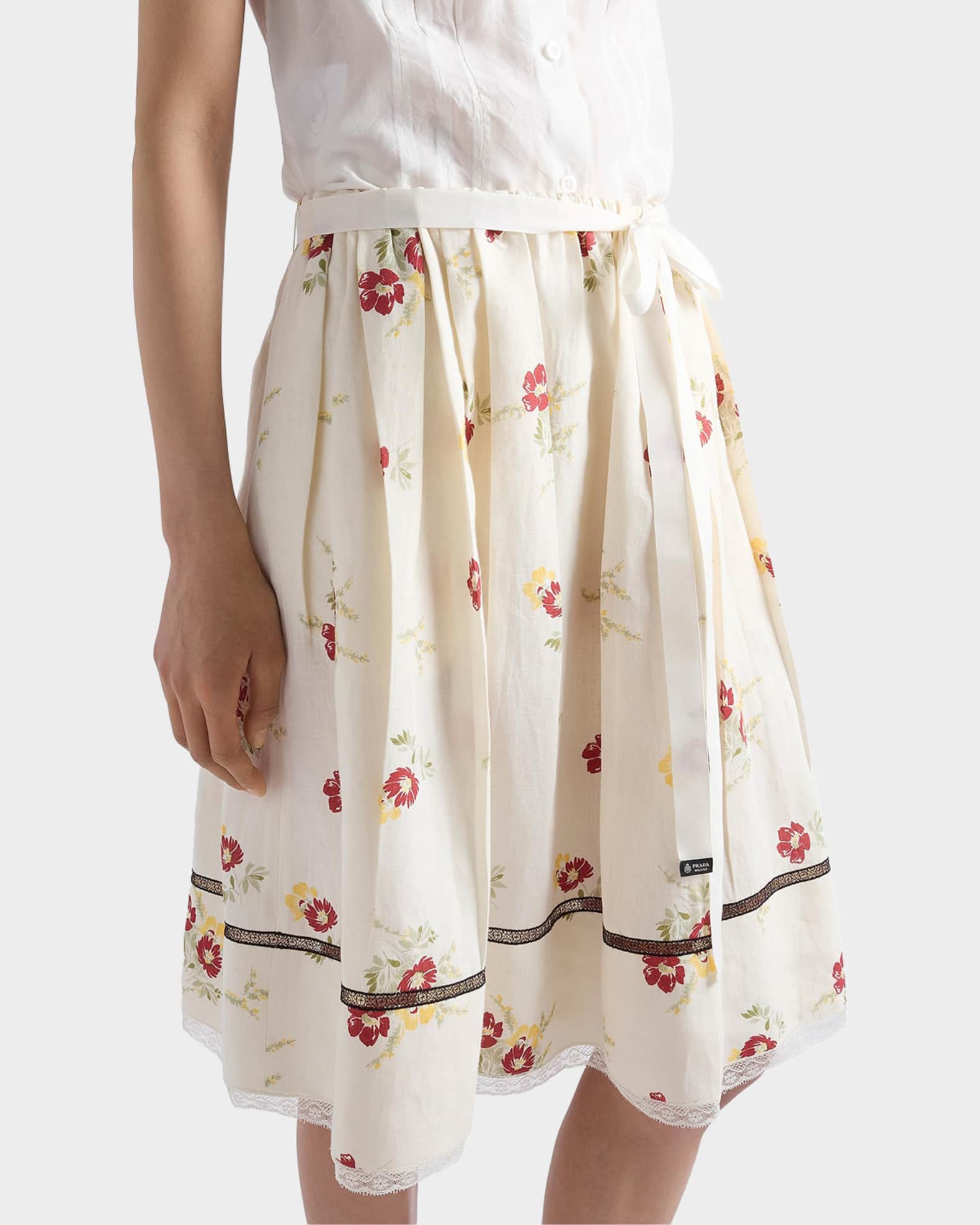 Prada Floral-Print Linen Skirt | Neiman Marcus