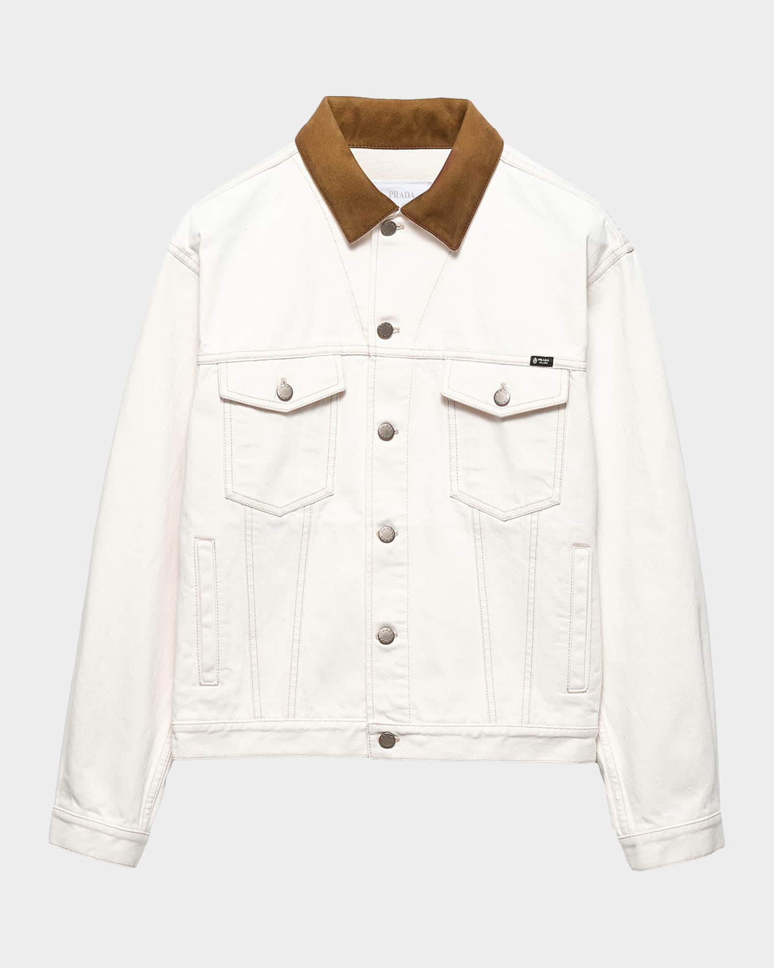 Prada Men's Denim Jacket with Leather Collar | Neiman Marcus