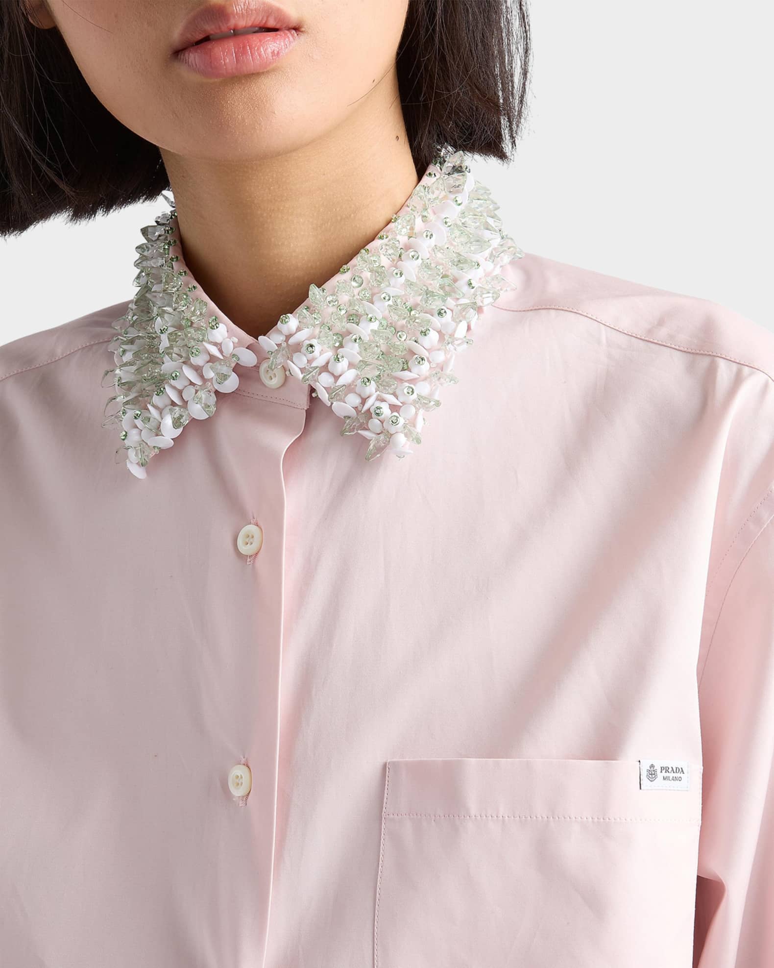 Prada Crystal-Embellished Cotton Poplin Shirt | Neiman Marcus