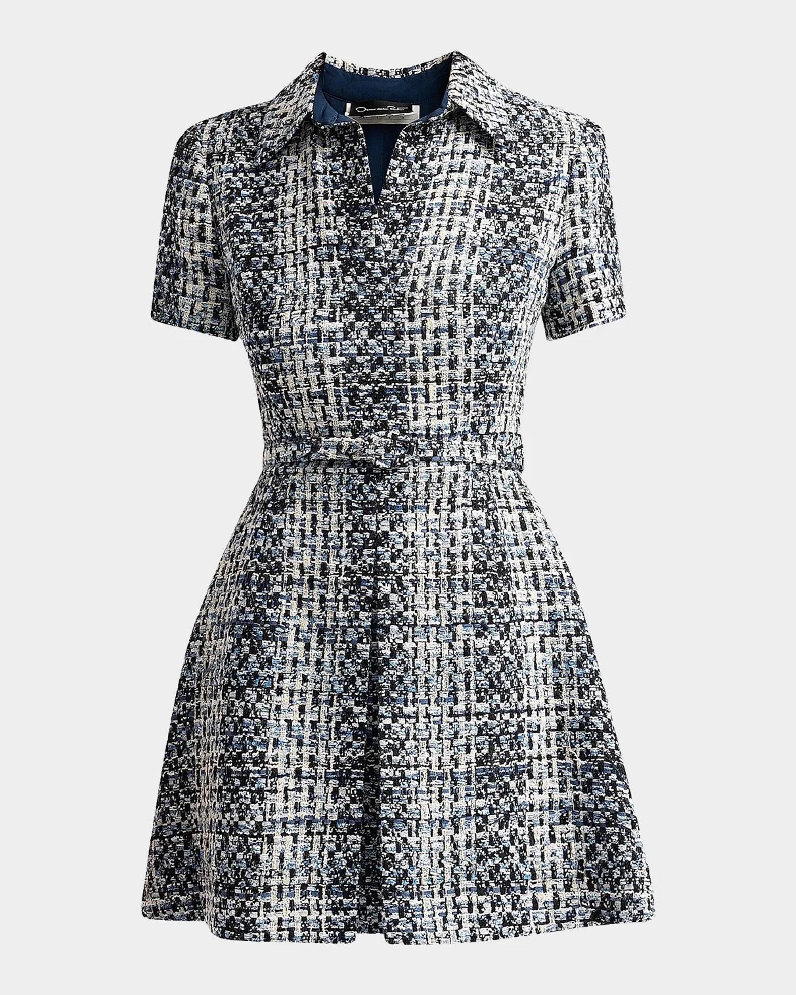 Oscar de la Renta Collared Tweed Mini Dress, Blue/Ivory, Women's, 0