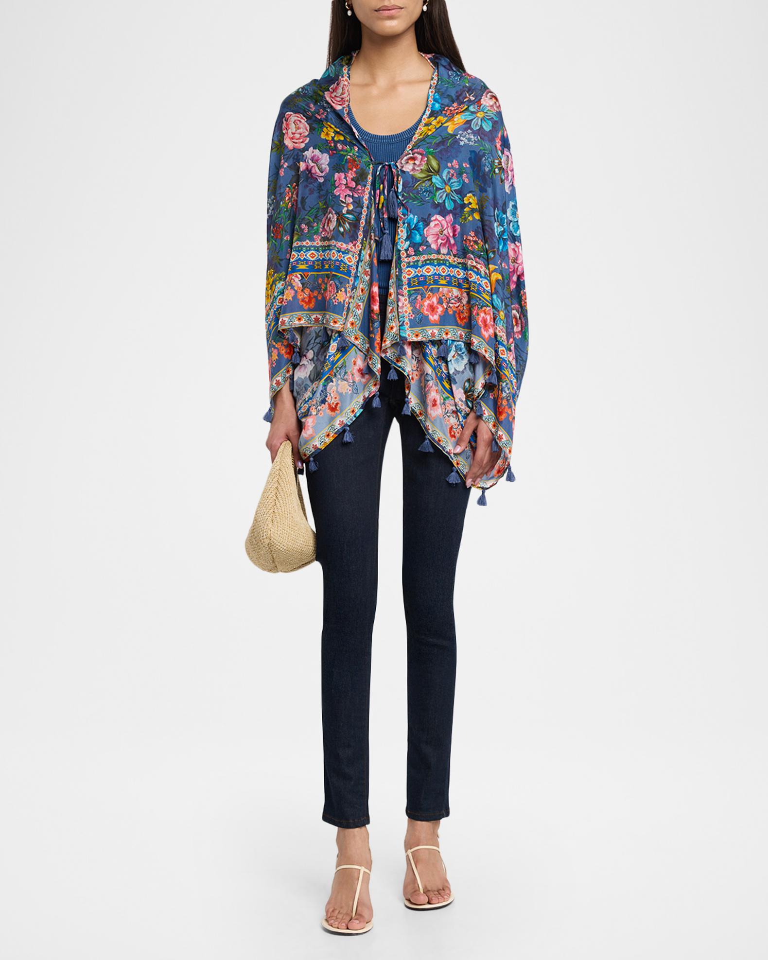 Johnny Was Ercilla Tasseled Floral-Print Silk Wrap Jacket | Neiman