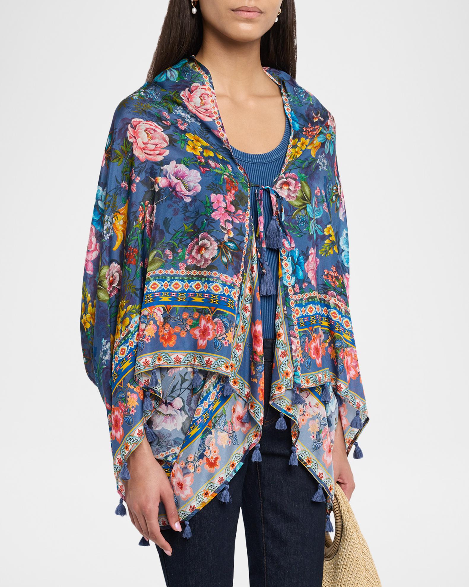 Johnny Was Ercilla Tasseled Floral-Print Silk Wrap Jacket | Neiman