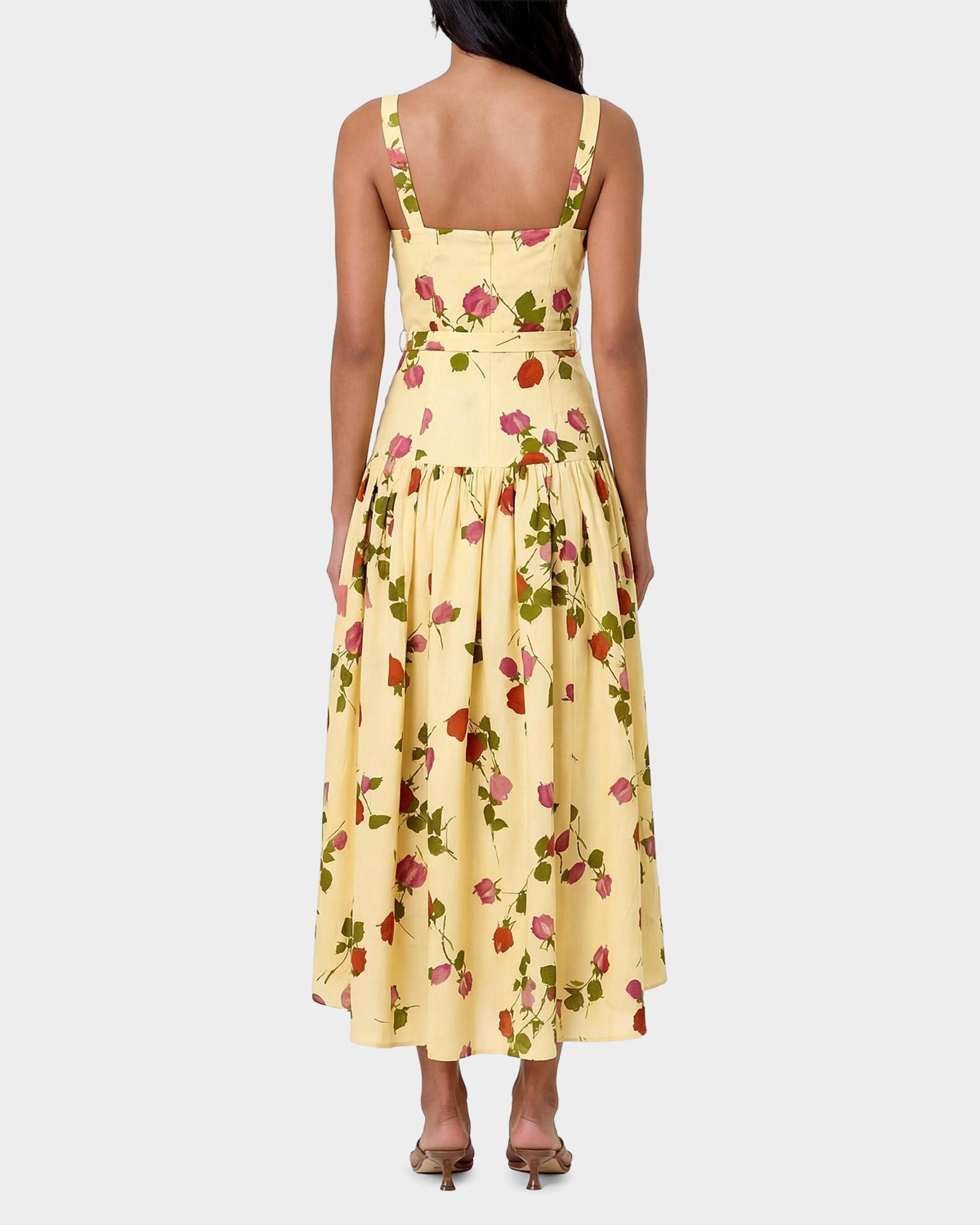 NICHOLAS Drenica Floral Linen-Blend Drop-Waist Midi Dress | Neiman Marcus