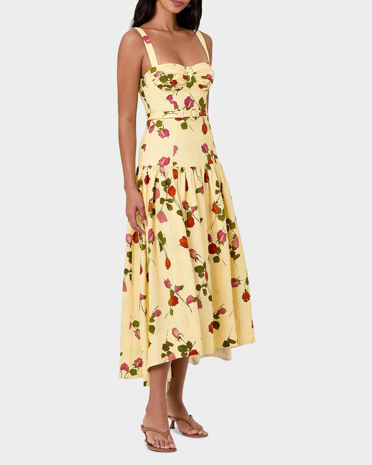 NICHOLAS Drenica Floral Linen-Blend Drop-Waist Midi Dress | Neiman Marcus