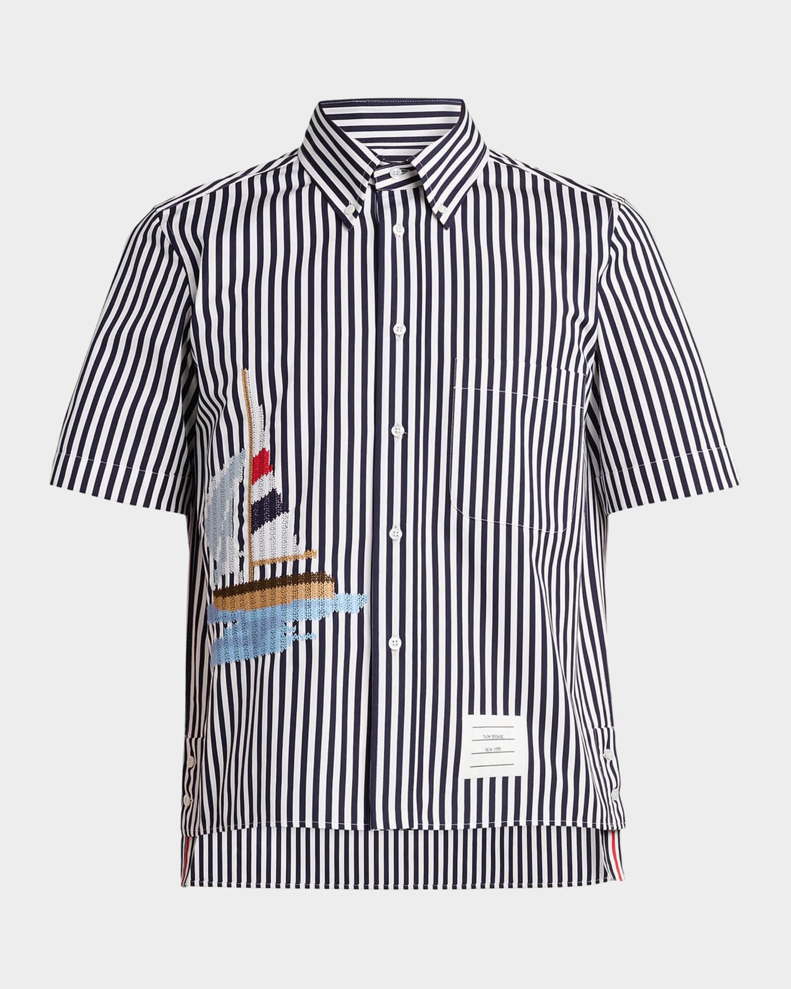 thom browne dress shirt Blue Funmix Straight Fit Armband Stripe THOM BROWNE Adorned with pinstripes inspired by vintage work uniforms THOM BROWNE Straight Fit Shirt