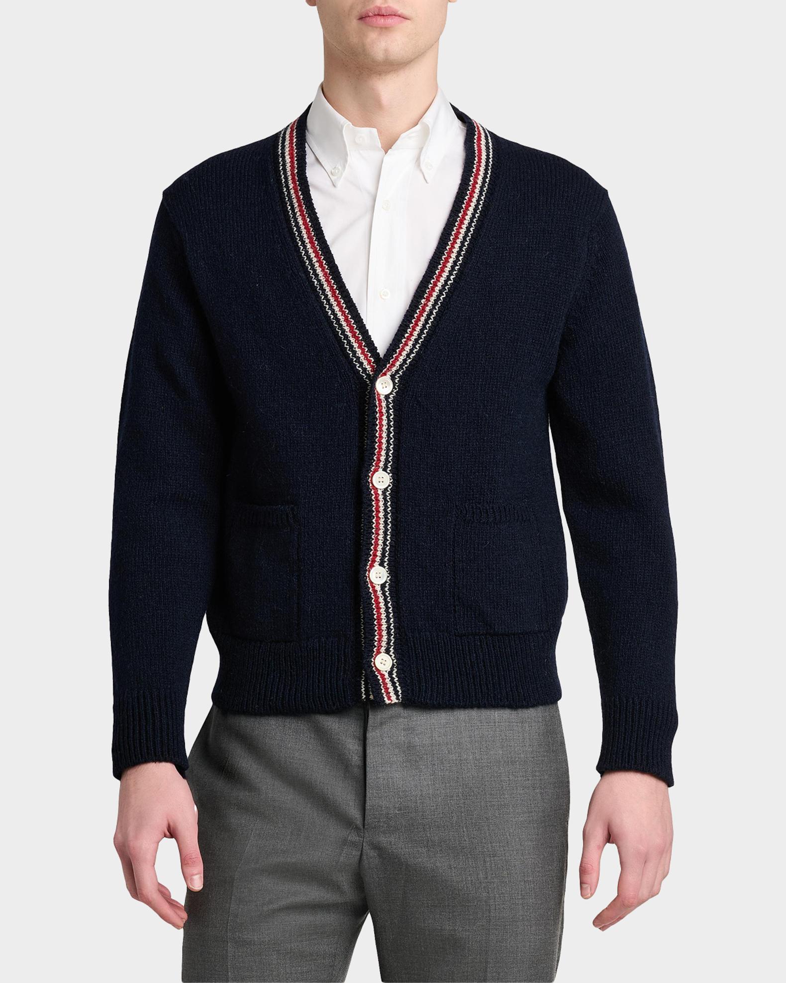 Thom Browne Men's Donegal RWB Stripe Wool-Mohair Cardigan | Neiman