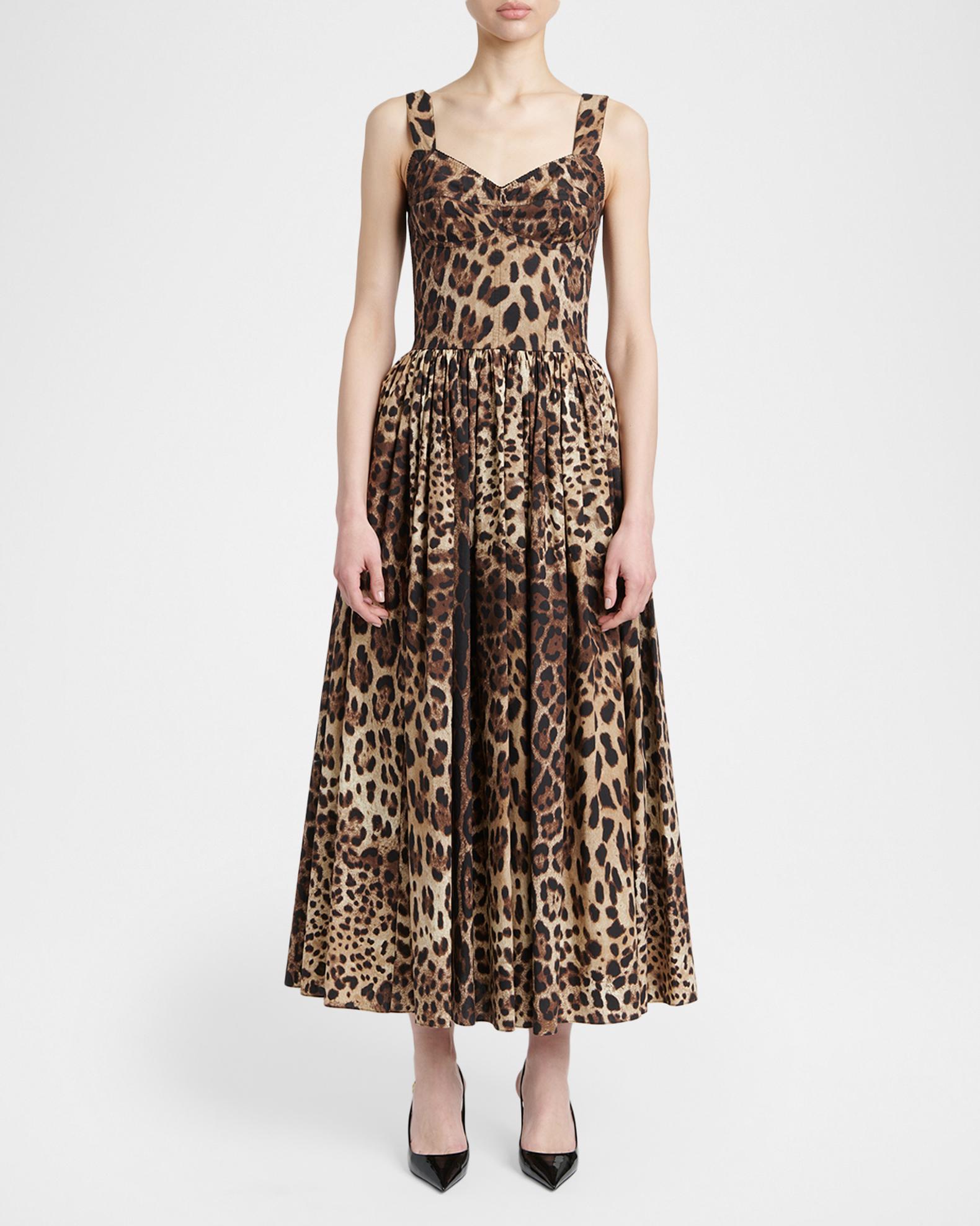 Dolce&Gabbana Leopard-Print Cotton Poplin Midi Bustier Dress