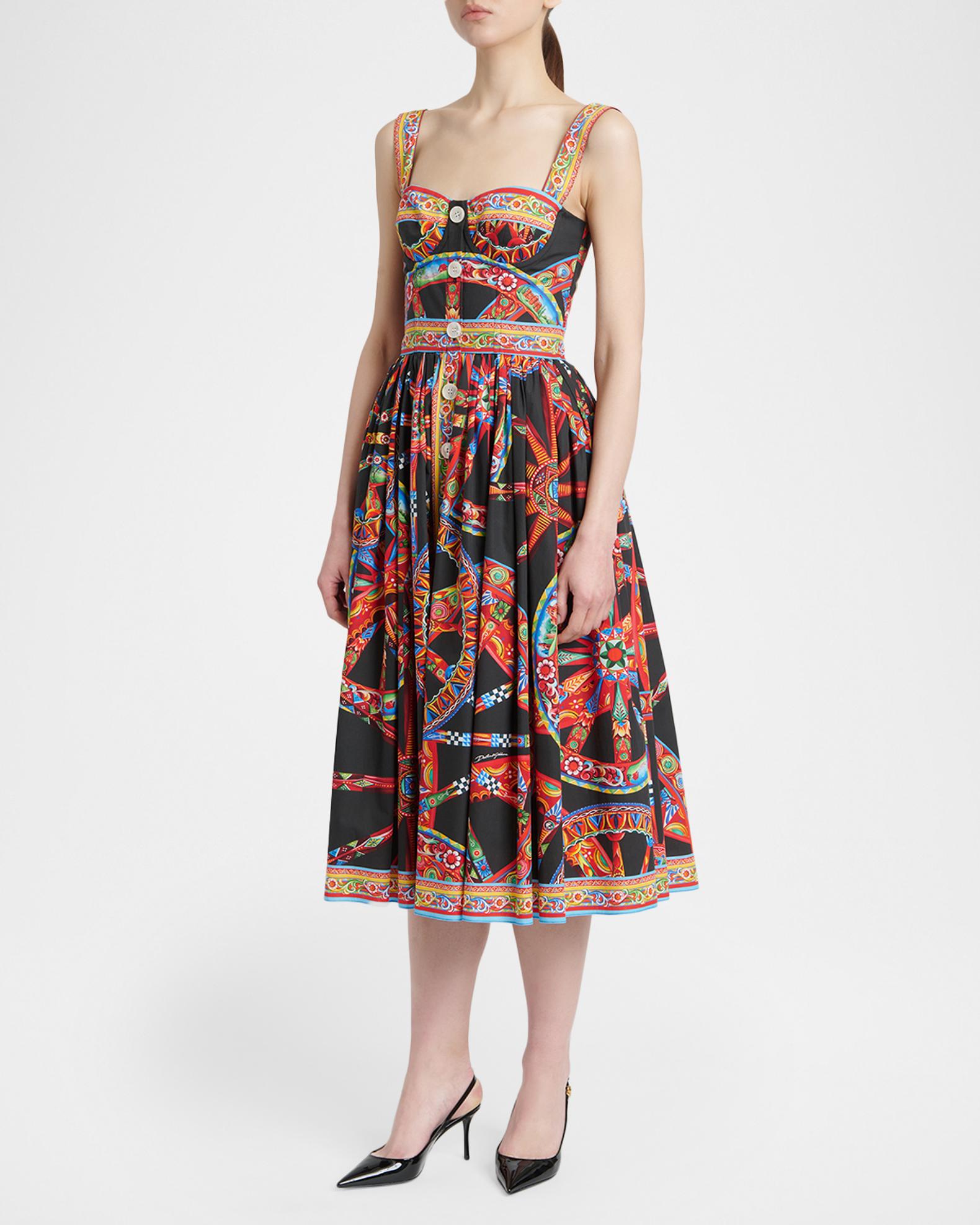 Dolce&Gabbana Sleeveless Carretto-Print Poplin Button-Front Midi