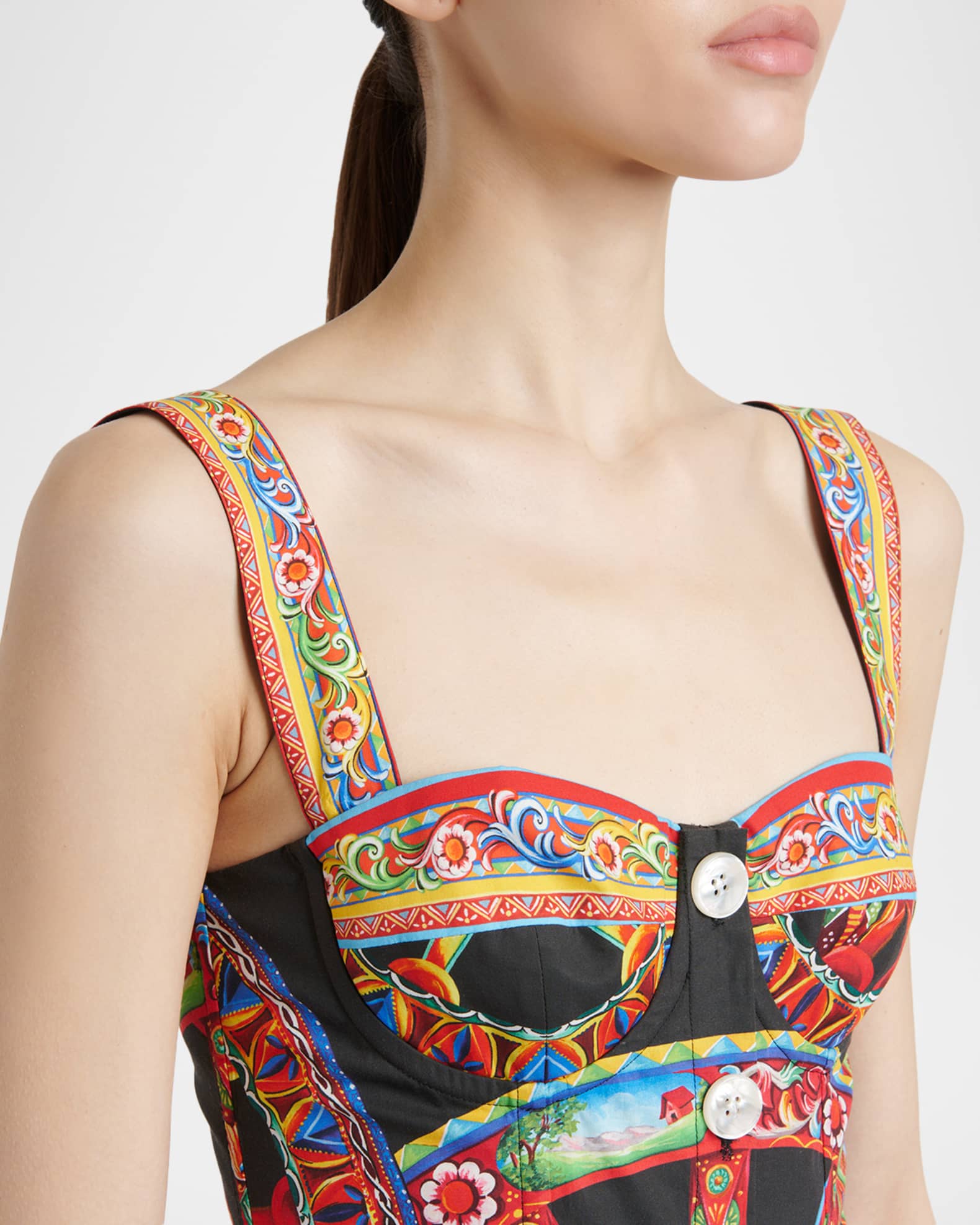 Dolce&Gabbana Sleeveless Carretto-Print Poplin Button-Front Midi