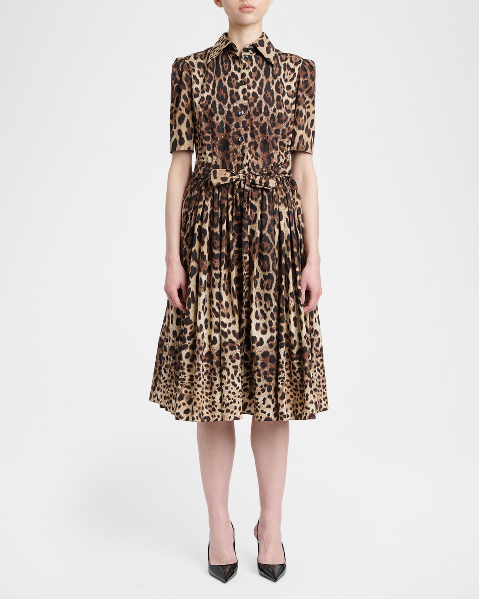 DOLCE & GABBANA ヒョウ柄ラップドレス 38 Dolce&Gabbana Short-Sleeve Leopard Cotton Poplin Pleated Midi