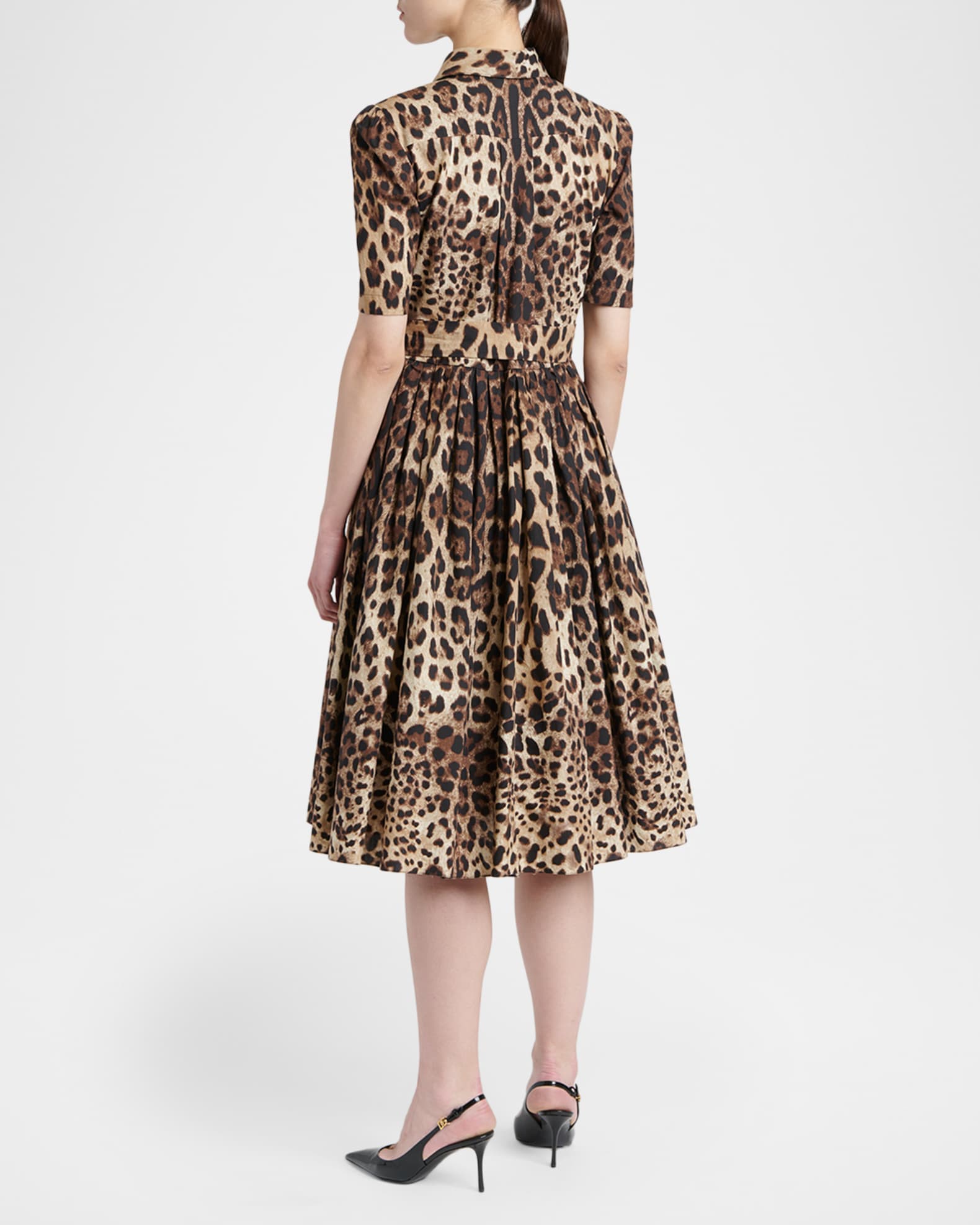 シルク・リネン混 DOLCE&GABBANA セットアップ ヒョウ柄 38 Dolce&Gabbana Short-Sleeve Leopard Cotton Poplin Pleated Midi