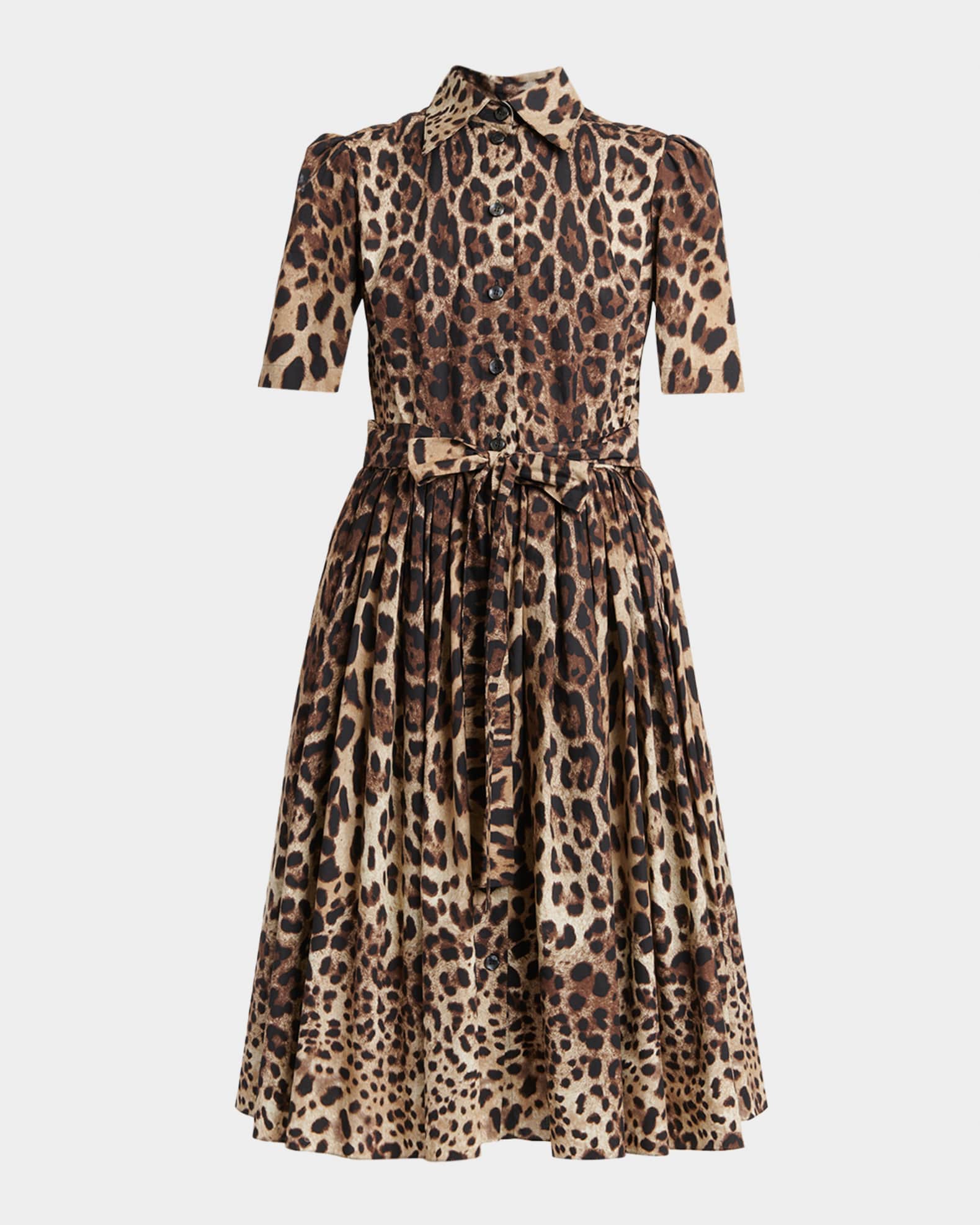 Dolce&Gabbana Short-Sleeve Leopard Cotton Poplin Pleated Midi