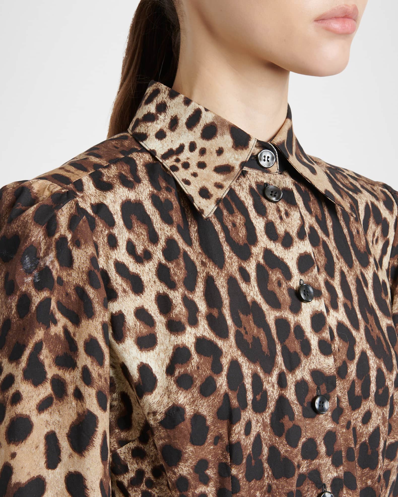 Dolce&Gabbana Short-Sleeve Leopard Cotton Poplin Pleated Midi