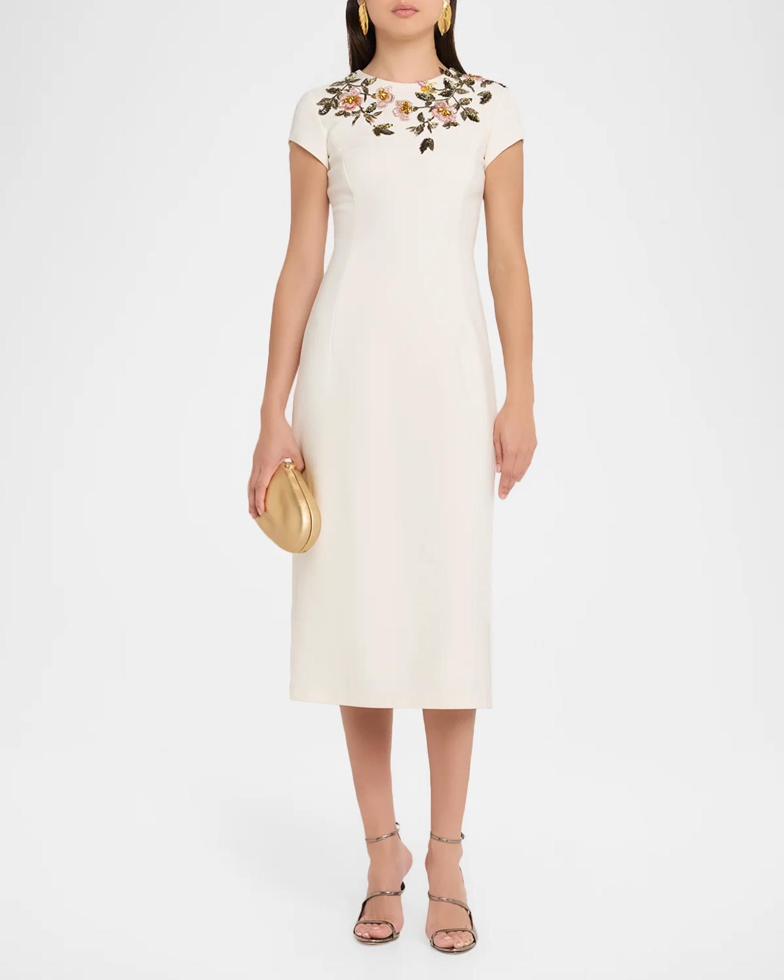 neiman marcus midi cocktail dresses Oscar de la Renta Short-Sleeve Beaded Sheath Dress Evening dress Style:2025SP540 NTCV Season Summer Bridal Back Jewelry Clip Model measurements
