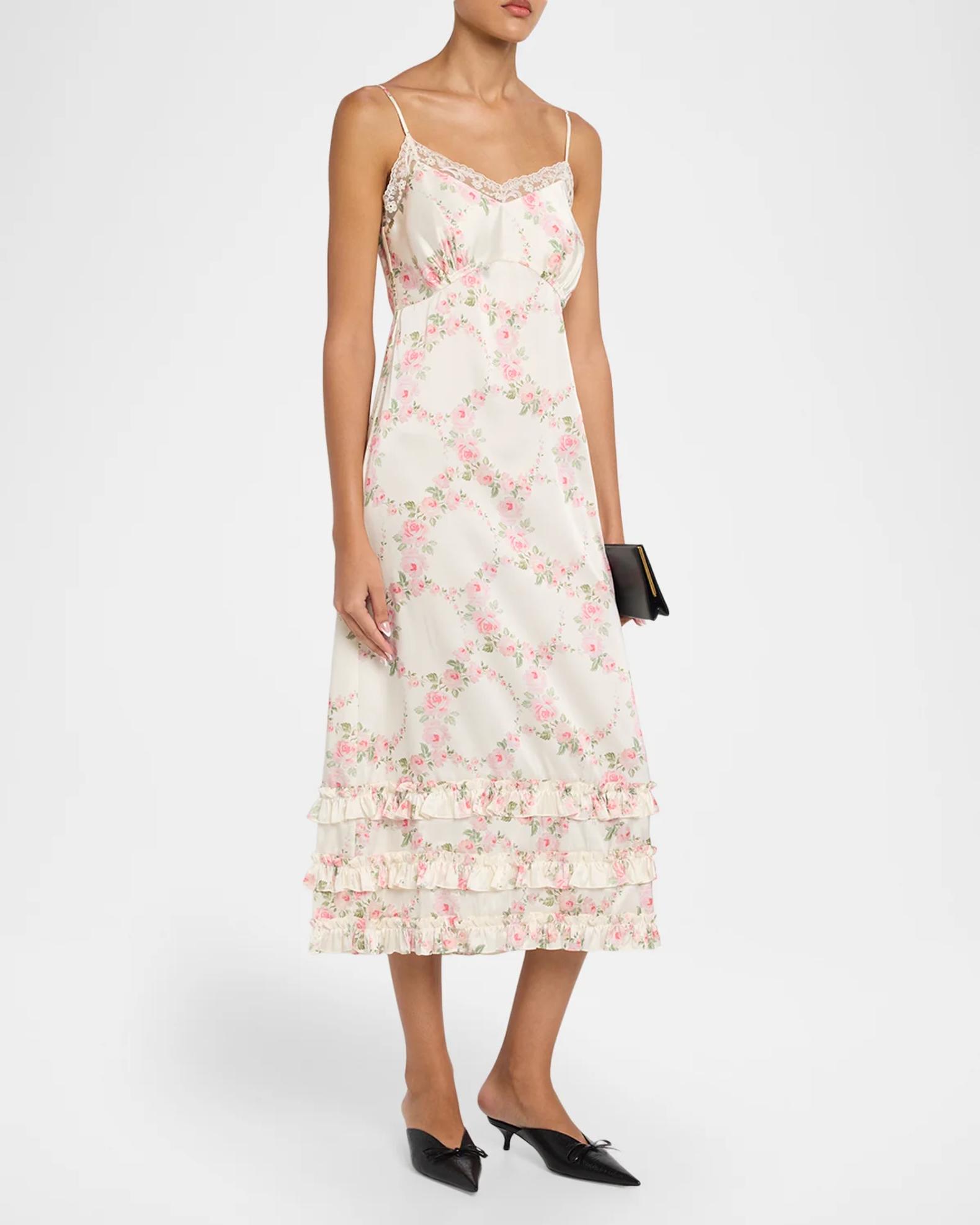 Simone Rocha Floral Satin Tiered Ruffle Midi Slip Dress | Neiman Marcus