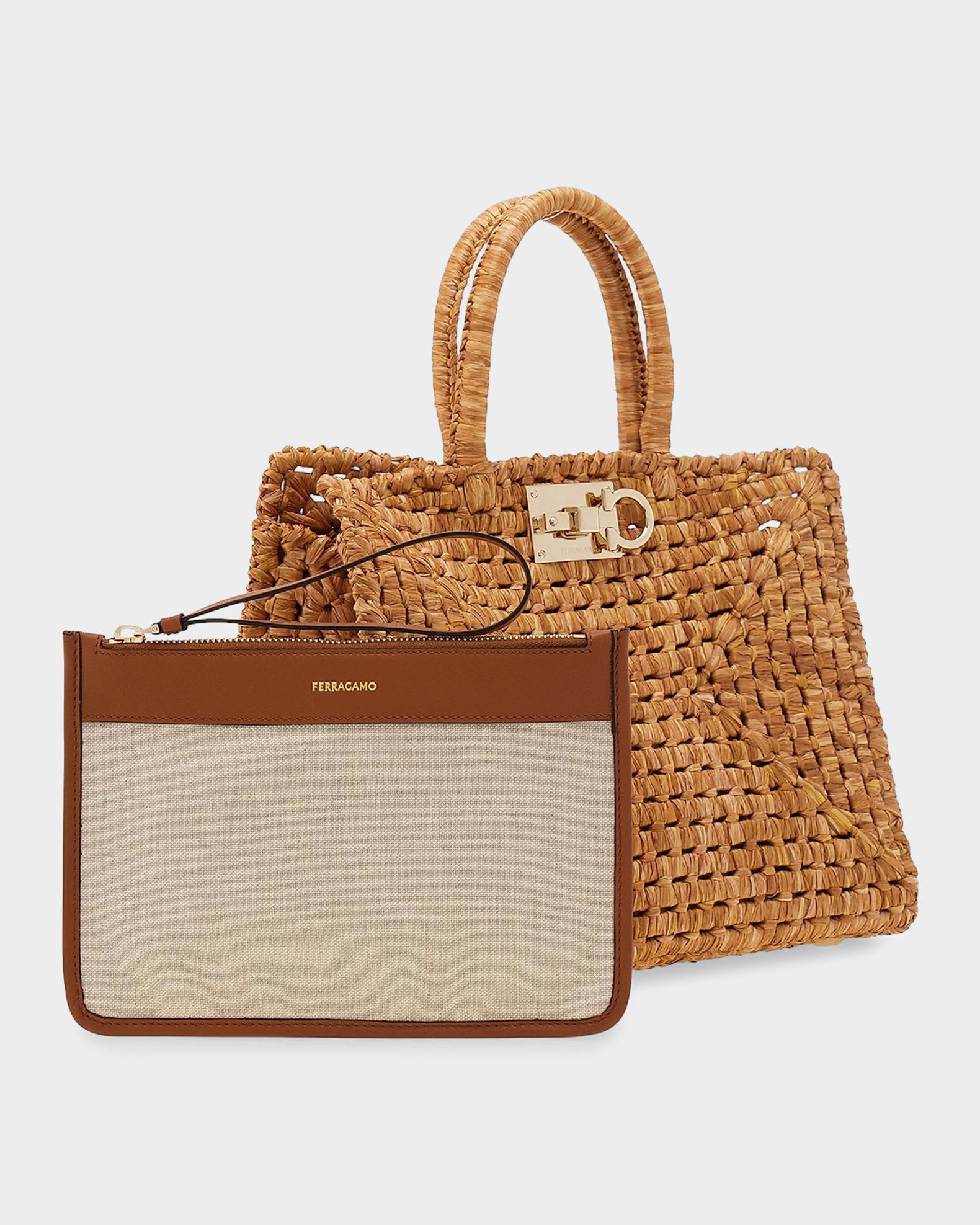 FERRAGAMO Studio Box Open-Weave Raffia Tote Bag | Neiman Marcus