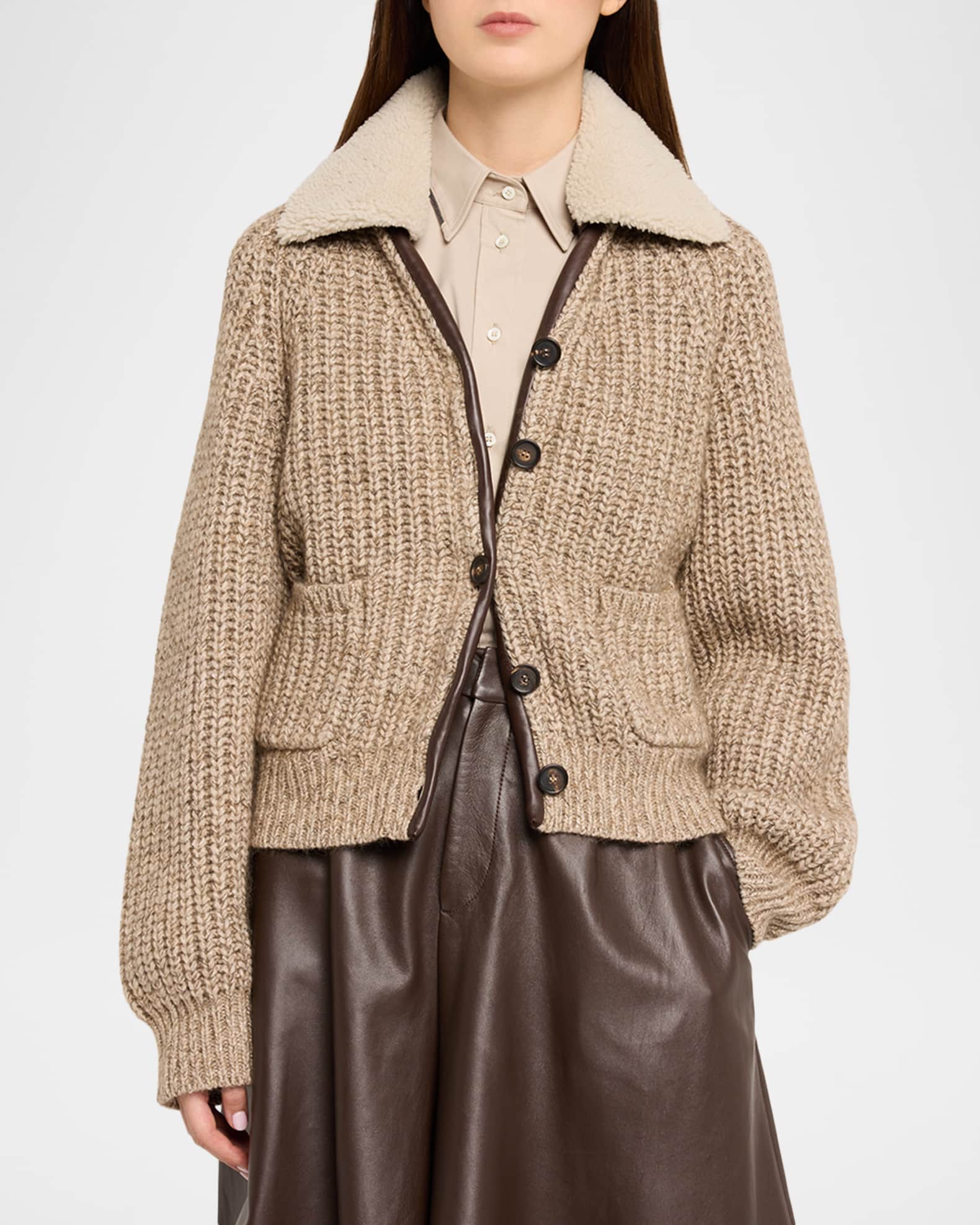 Brunello Cucinelli Lamb Shearling Collar Cashmere-Wool Cardigan