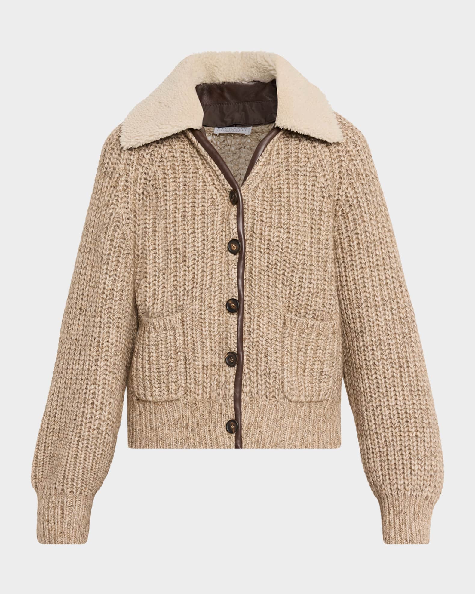 Brunello Cucinelli Lamb Shearling Collar Cashmere-Wool Cardigan