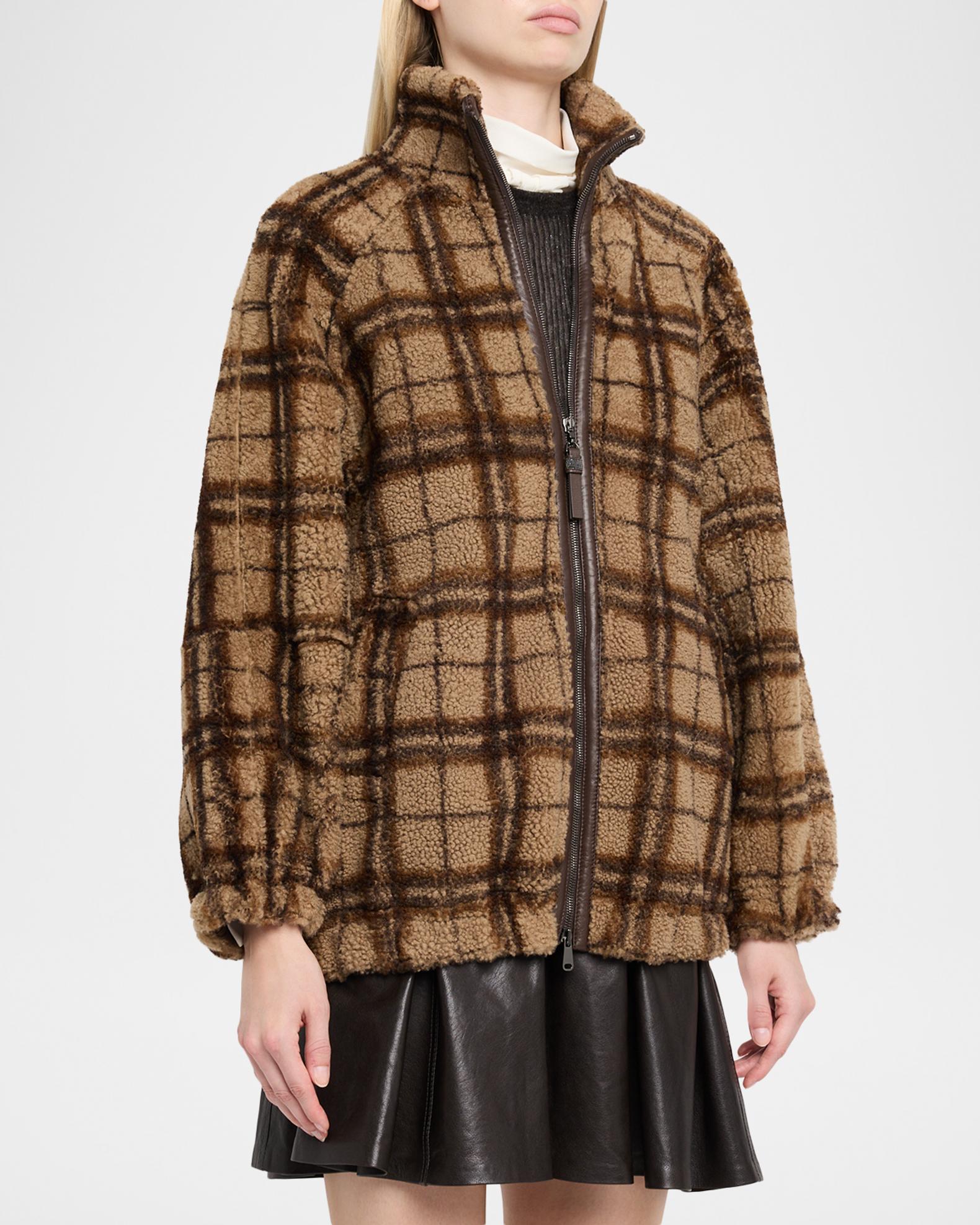Brunello Cucinelli Check Lamb Shearling Zip Jacket | Neiman Marcus