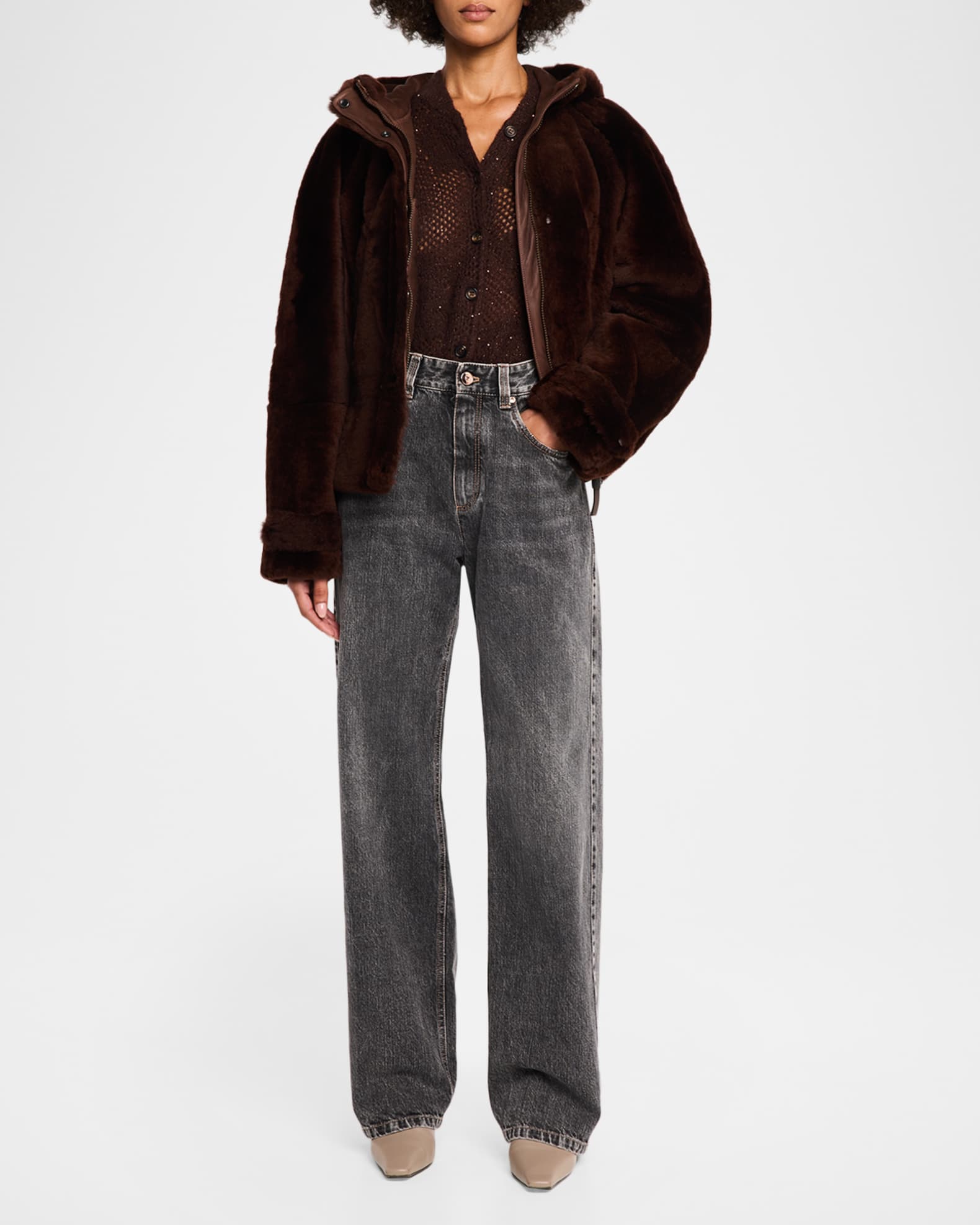 BRUNELLO CUCINELLI☆美品☆最終価格‼️ Brunello Cucinelli Lamb Shearling Zip Hooded Jacket | Neiman Marcus