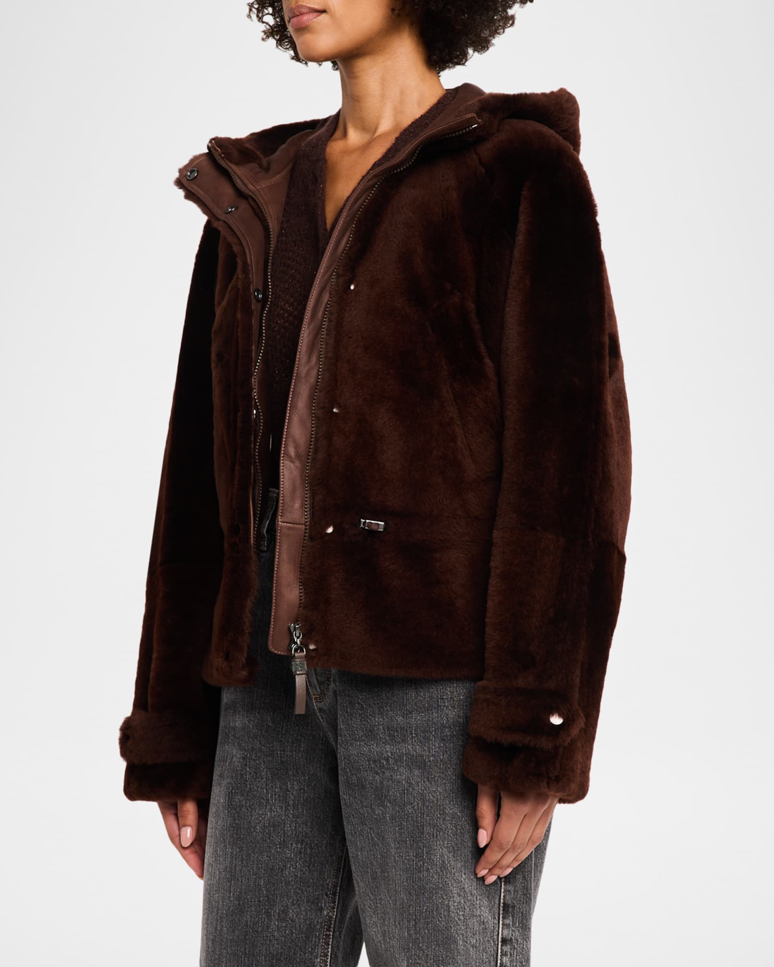 Brunello Cucinelli Lamb Shearling Zip Hooded Jacket | Neiman Marcus